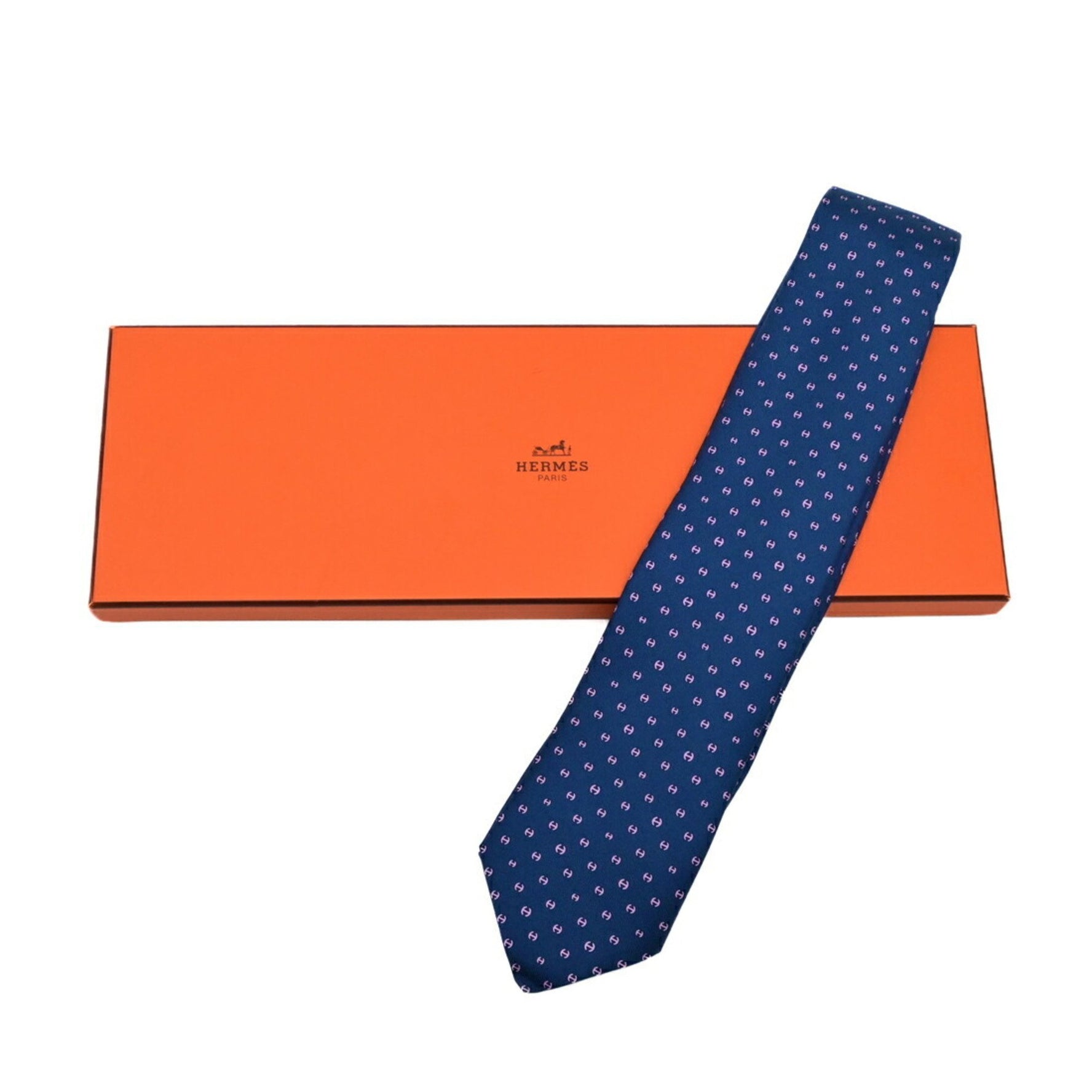 HERMES Necktie H Pattern Chaine d'Ancre 100% Silk Navy Pink