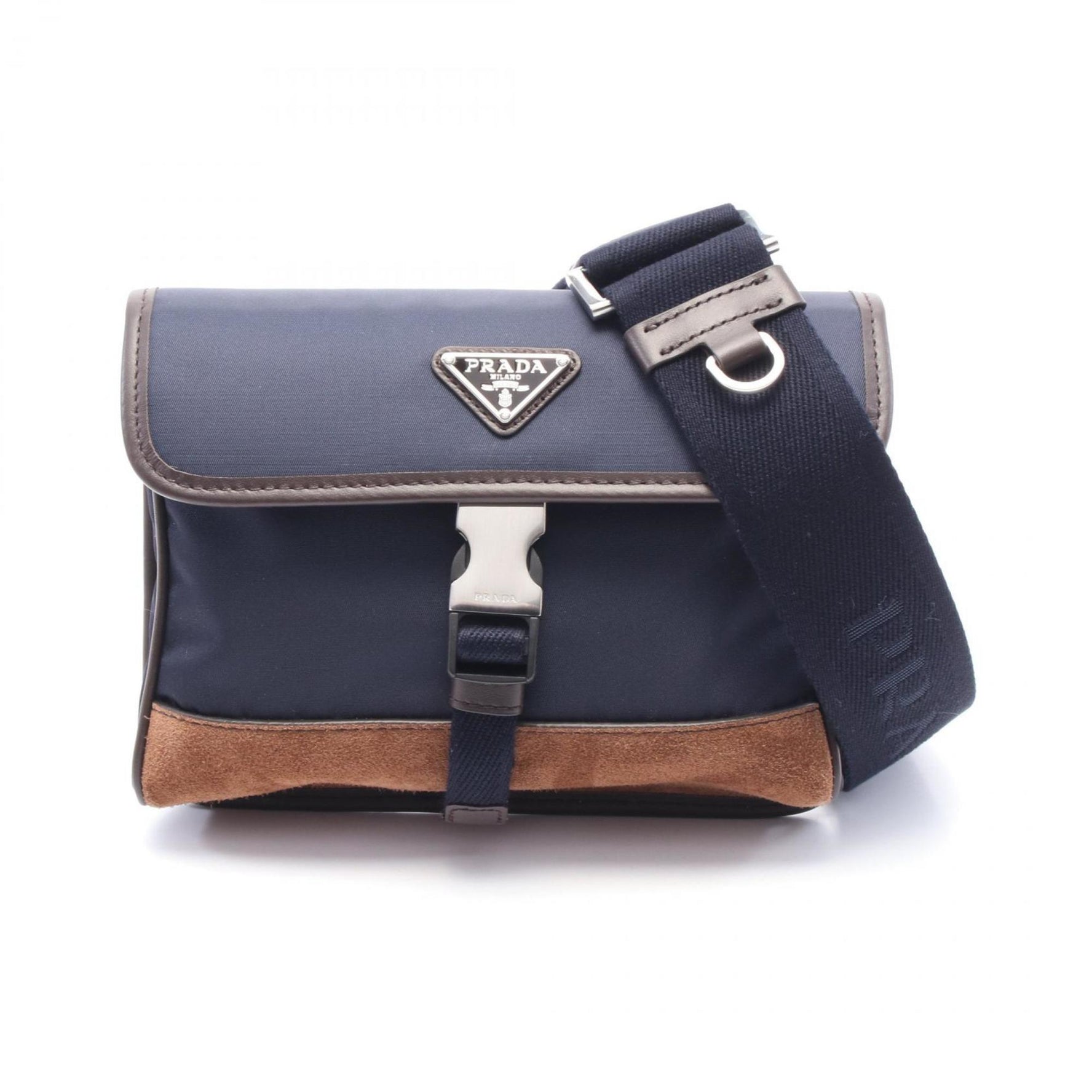 PRADA RE NYLON TESSUTO+SAFFIANO Shoulder Bag Nylon Suede Leather Navy Brown