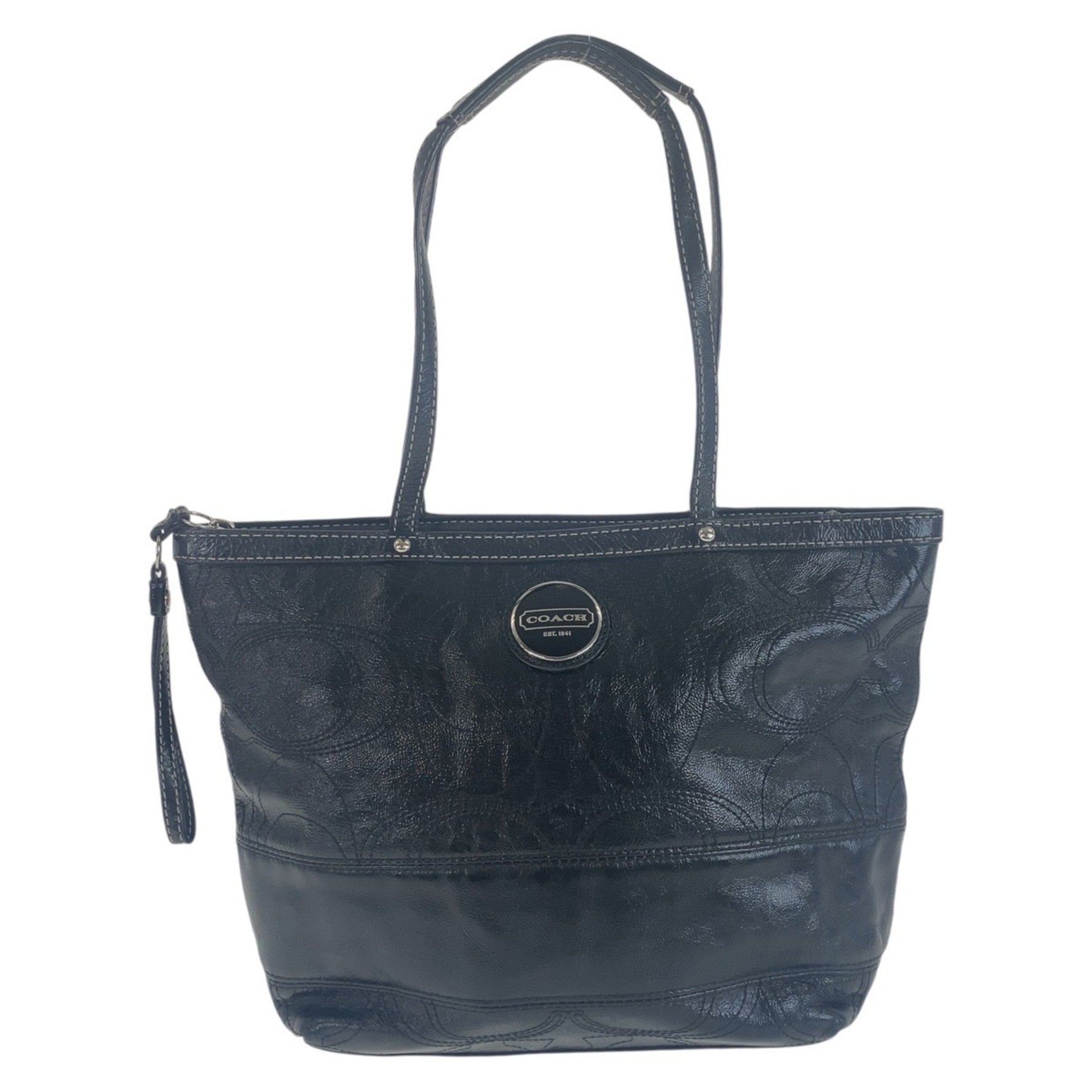 COACH Big Signature Silver Hardware Leather Tote Bag Shoulder