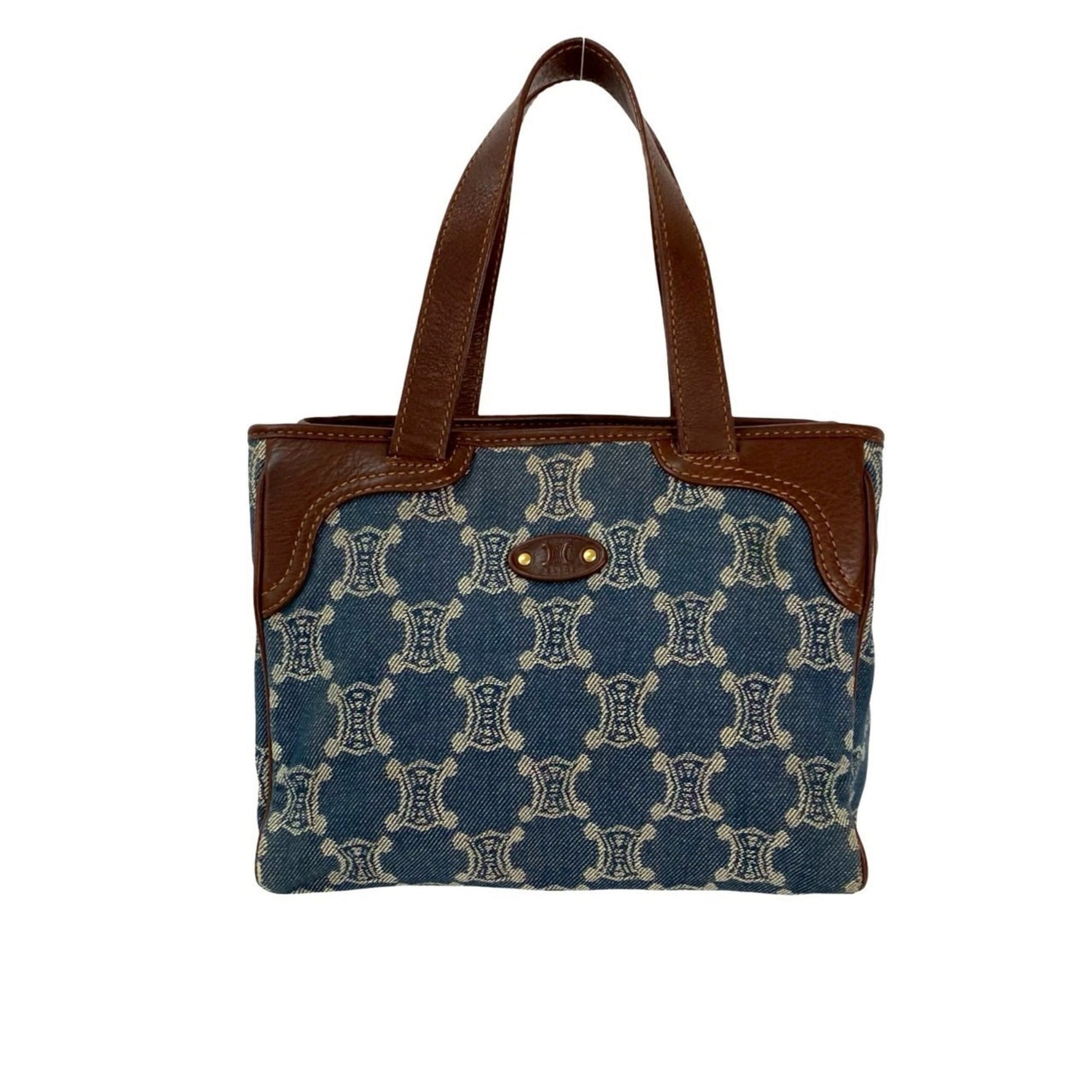 CELINE Macadam Triomphe Print Leather and Denim Mini Tote Bag, Brown Blue