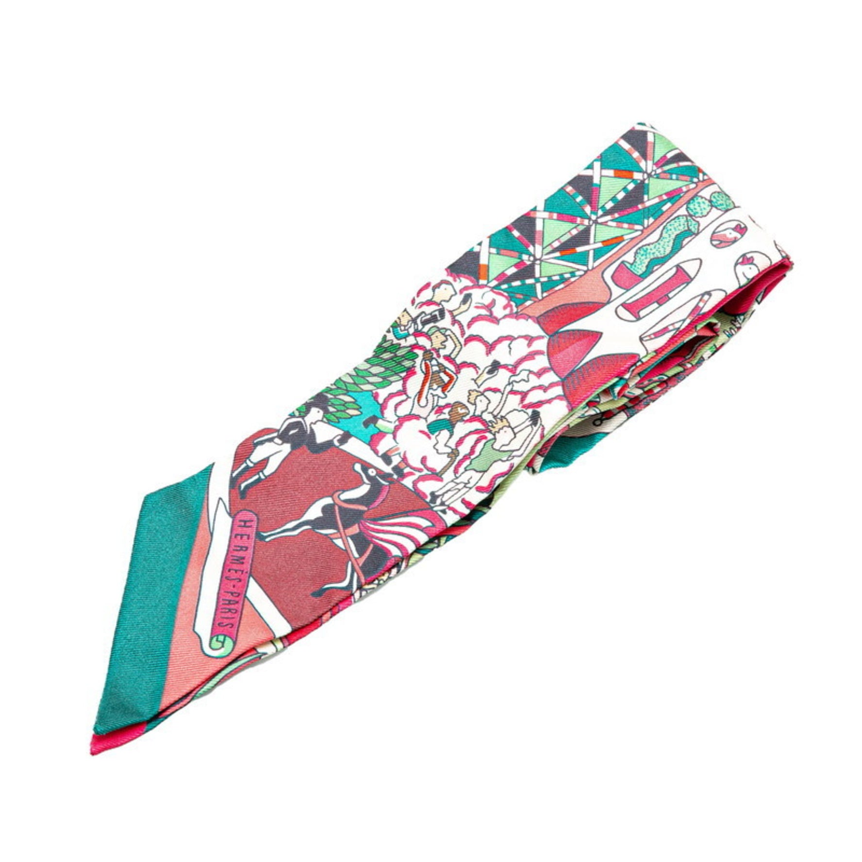 Hermes Twilly EXPOSITION UNIVERSELLE Off Scarf Muffler Pink Green Multicolor Silk