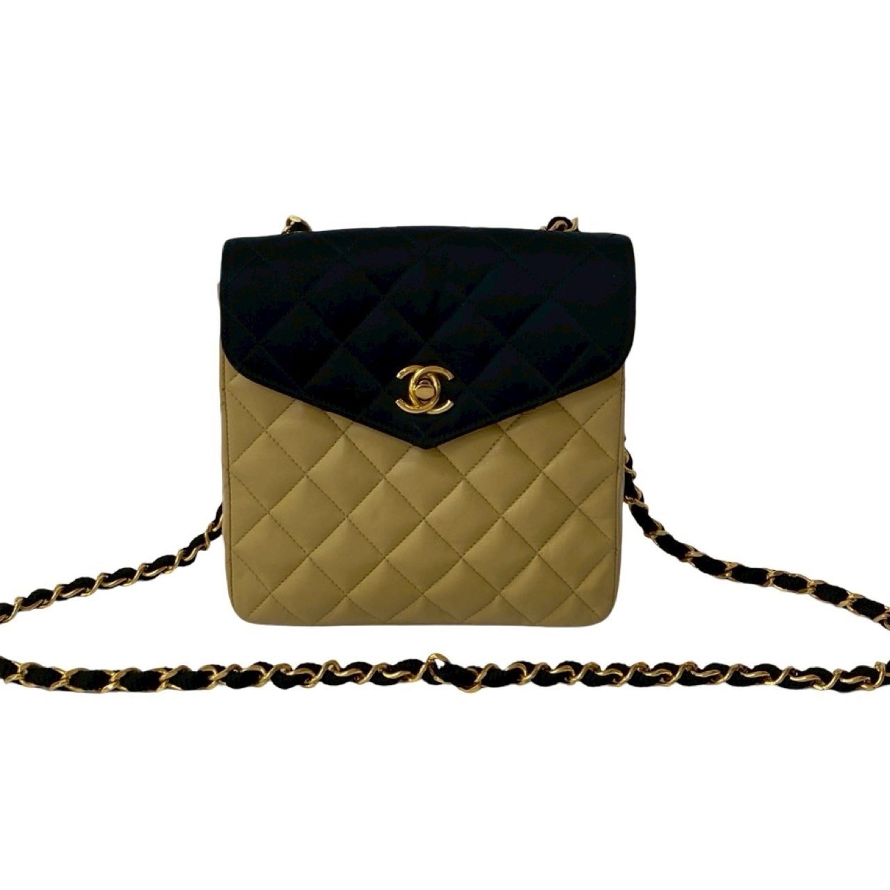 Seal No. 0 CHANEL Matelasse Coco Mark Lambskin Satin Shoulder Bag Black Beige