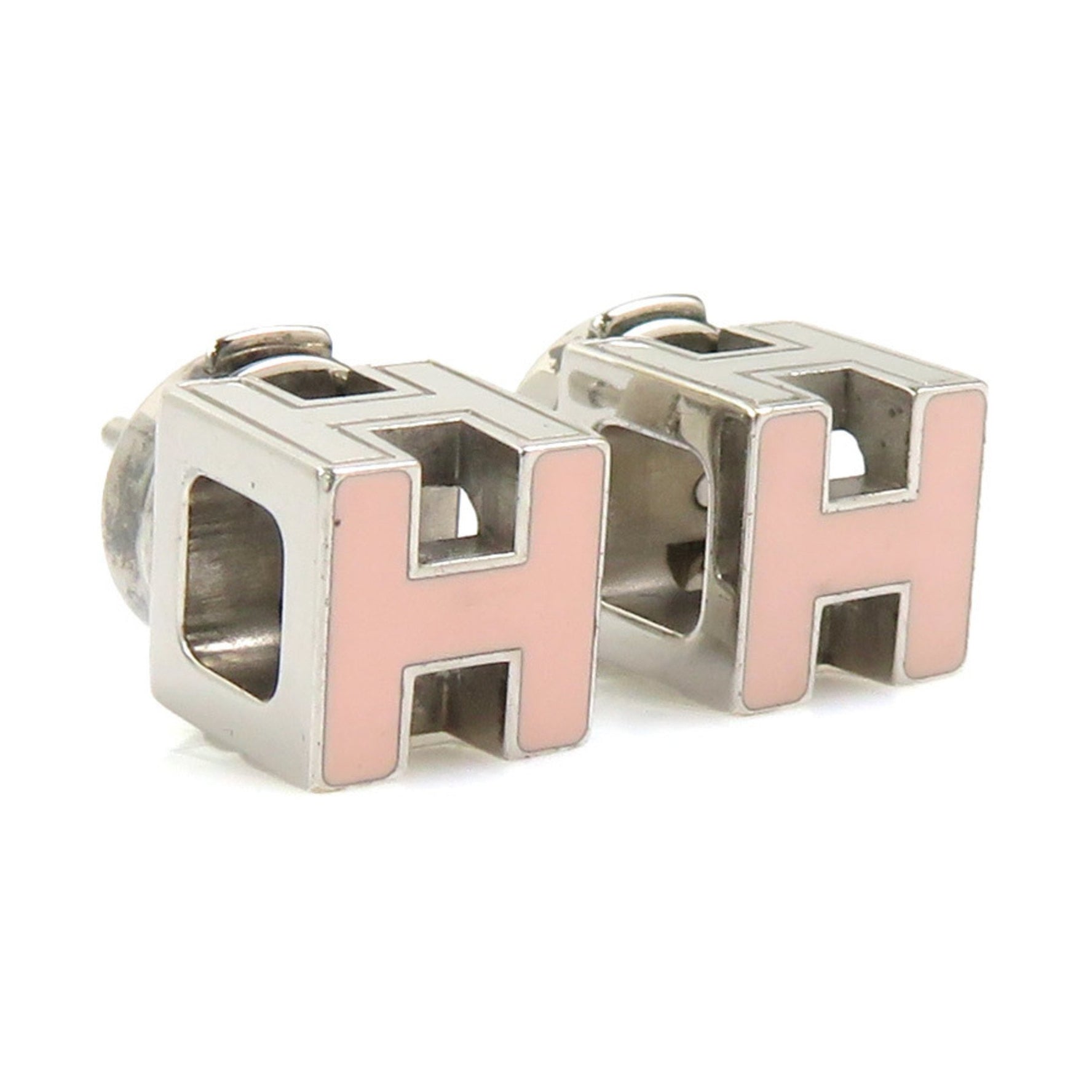 Hermes Hermès H-Cube Metal Earrings, Silver and Pink