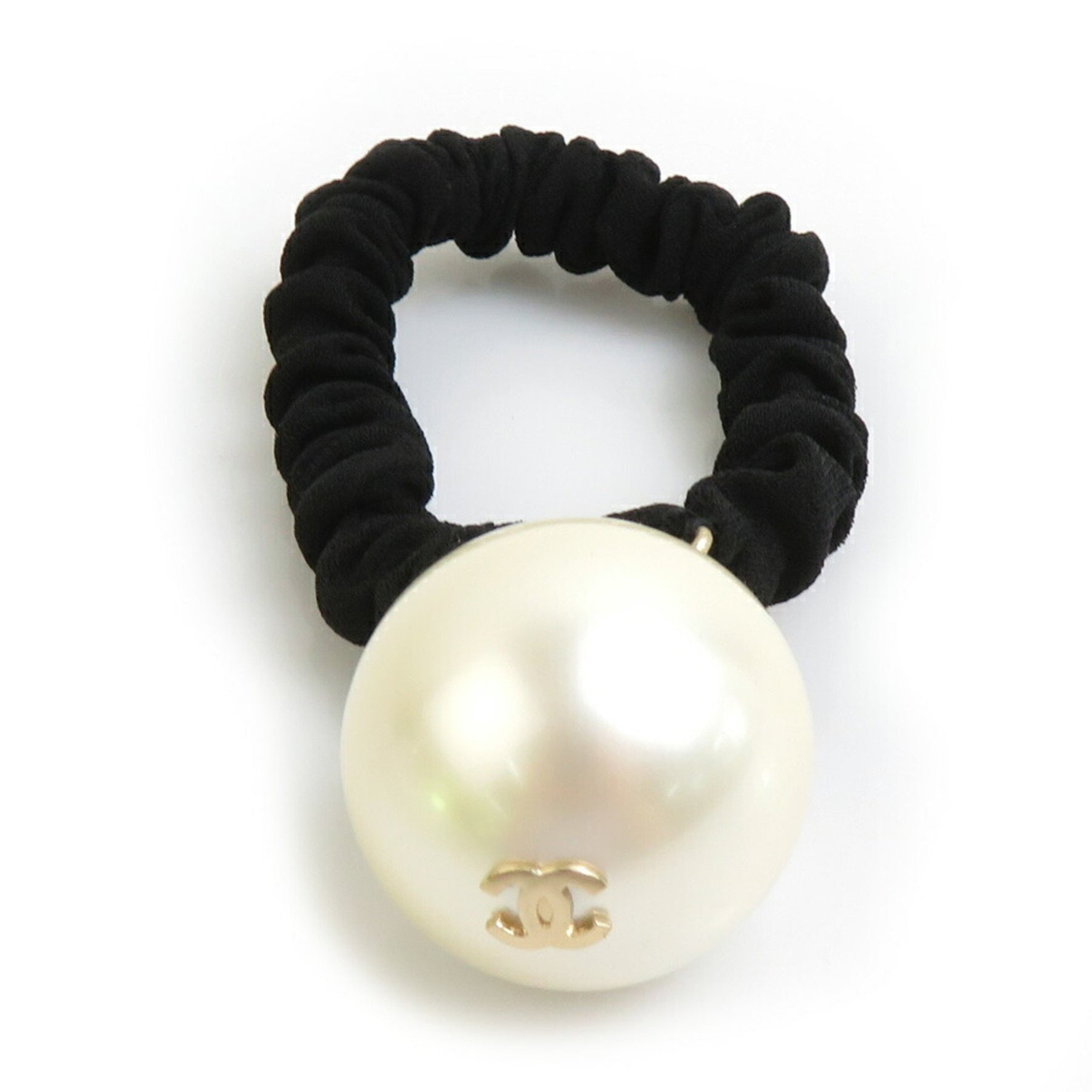 CHANEL Hair Tie Coco Mark Faux Pearl Accessory Off-White Black Gold