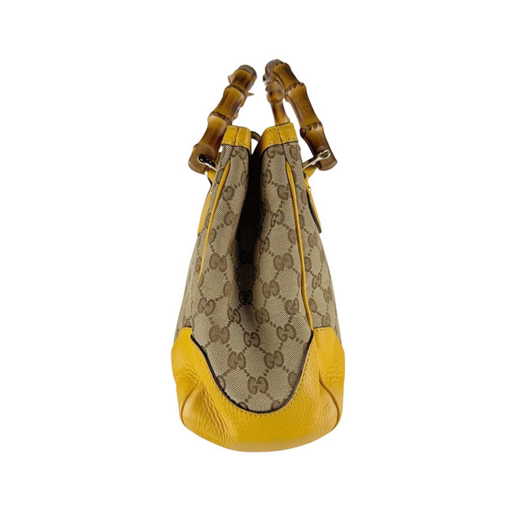 Gucci handbag/shoulder bag in bamboo and GG canvas with leather brown, yellow, light gold. model number