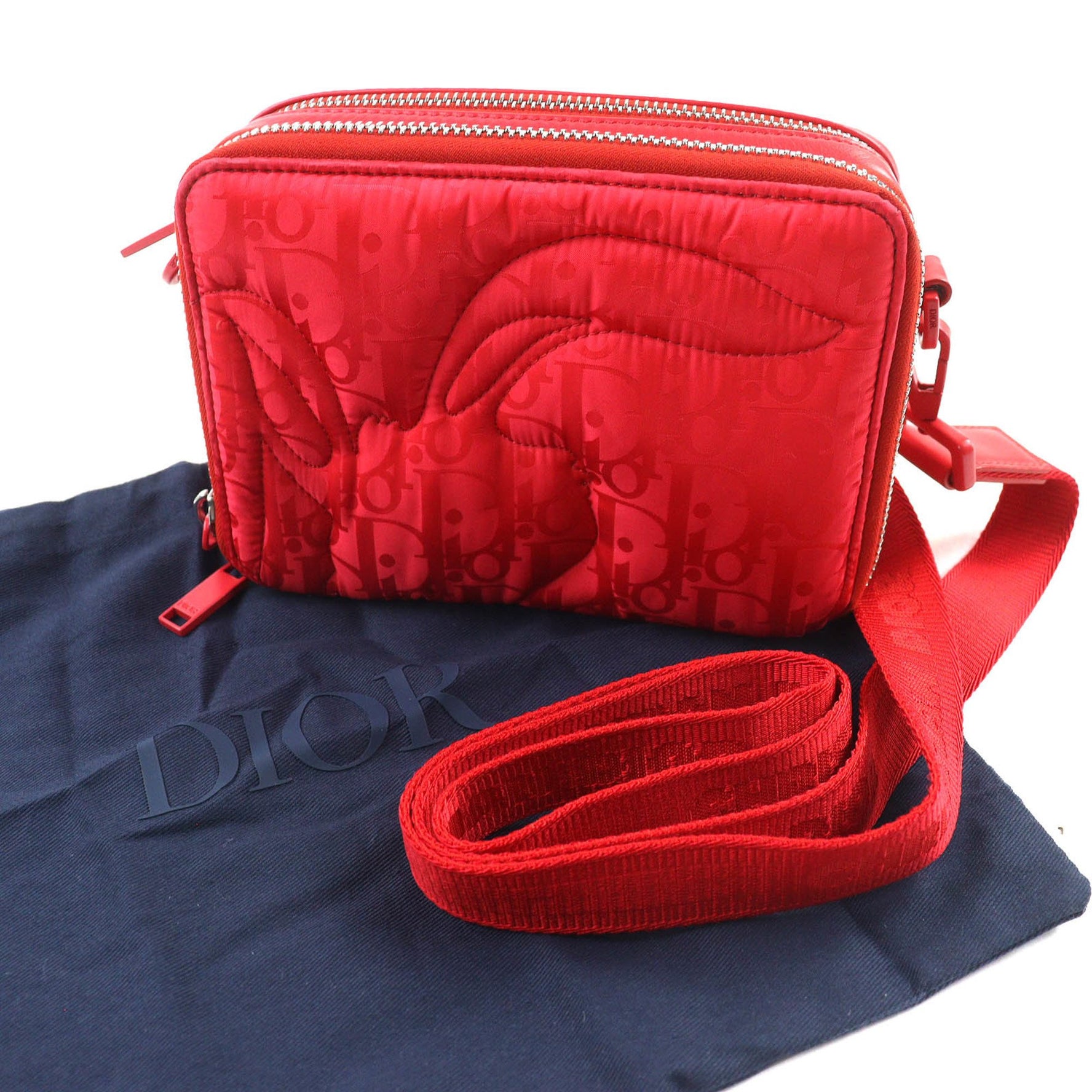 Christian Dior DIOR Leather Oblique Quilted Bunny Messenger Bag/Shoulder Bag, Red, Includes Dust Bag