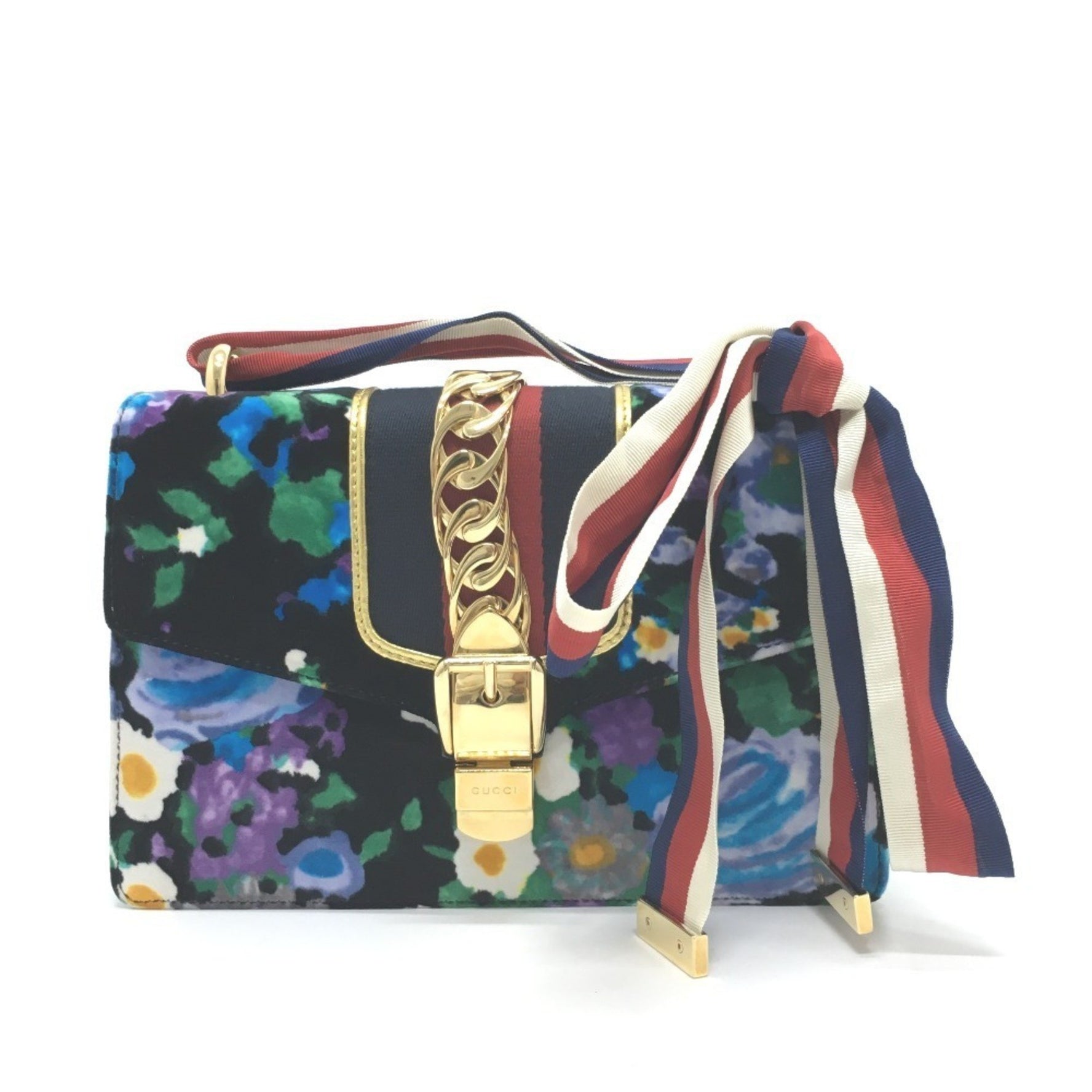 GUCCI Floral Sylvie Small Ribbon Shoulder Bag in Velour/Leather, Multicolor