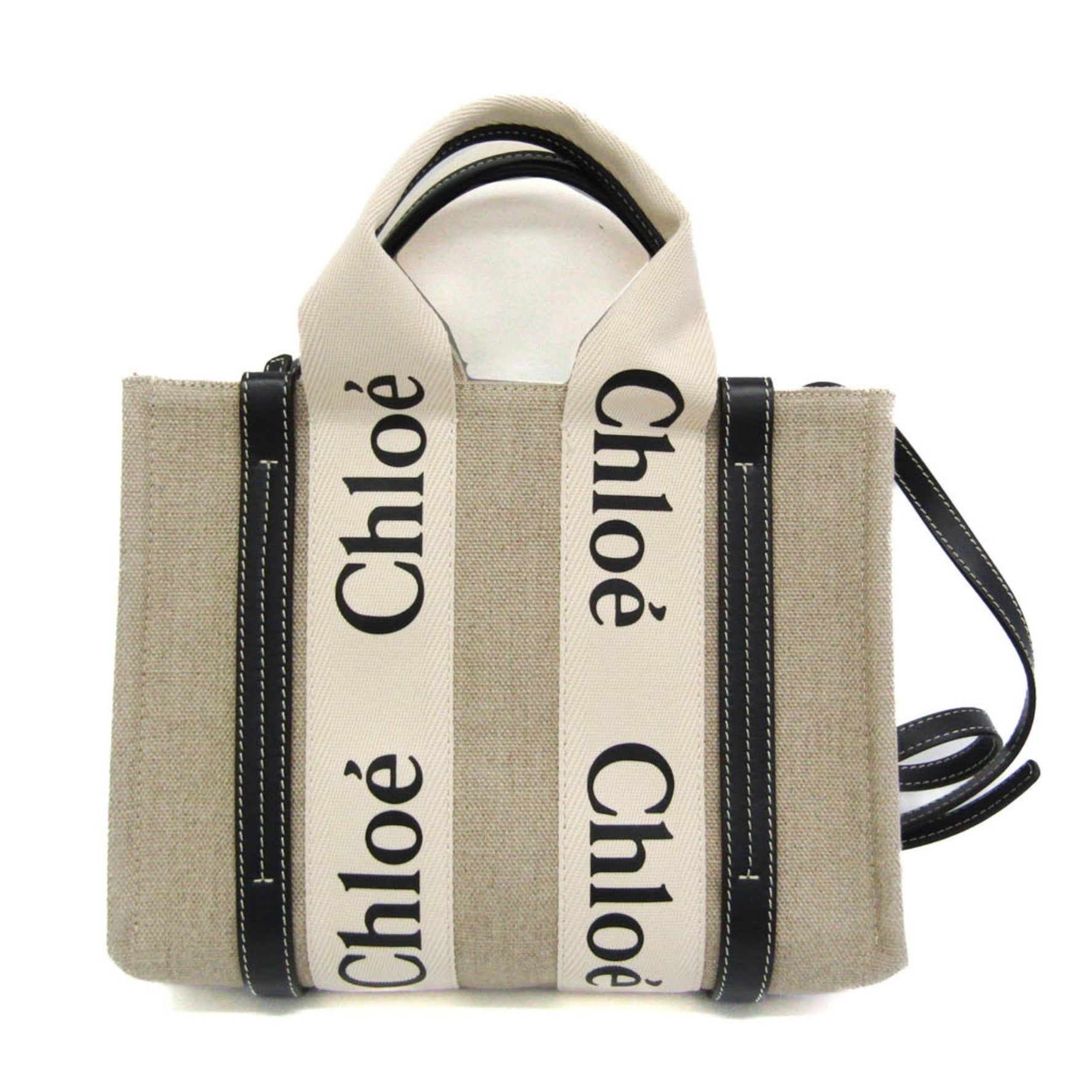 Chloé Woody Cotton Canvas,Leather Handbag,Shoulder Bag Beige,Navy