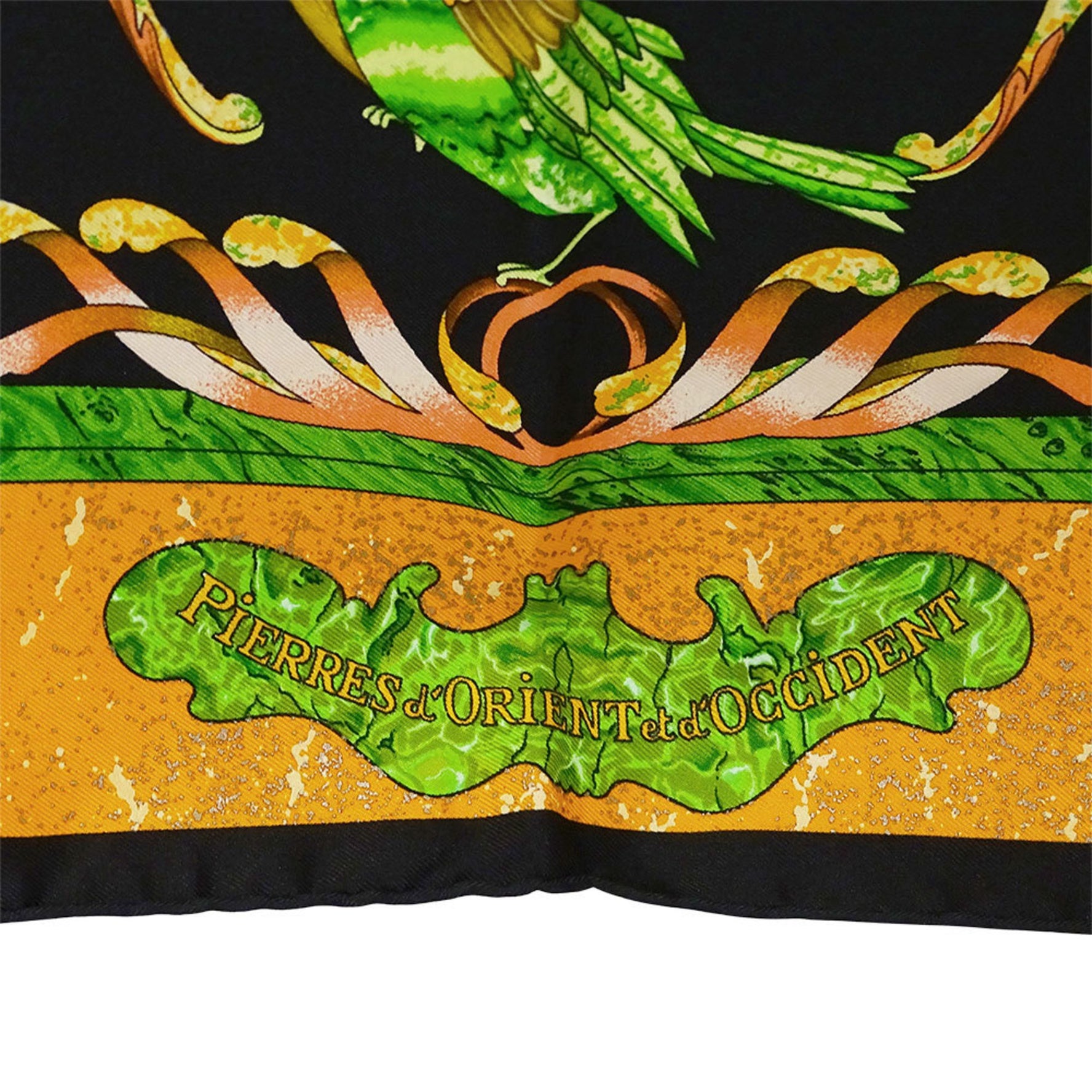 Hermes Hermès scarf/muffler brand Carré 90, PIERRES d'Orient et d'OCCIDENT, featuring Eastern and Western stonework, silk, black orange, large bird flower motifs.