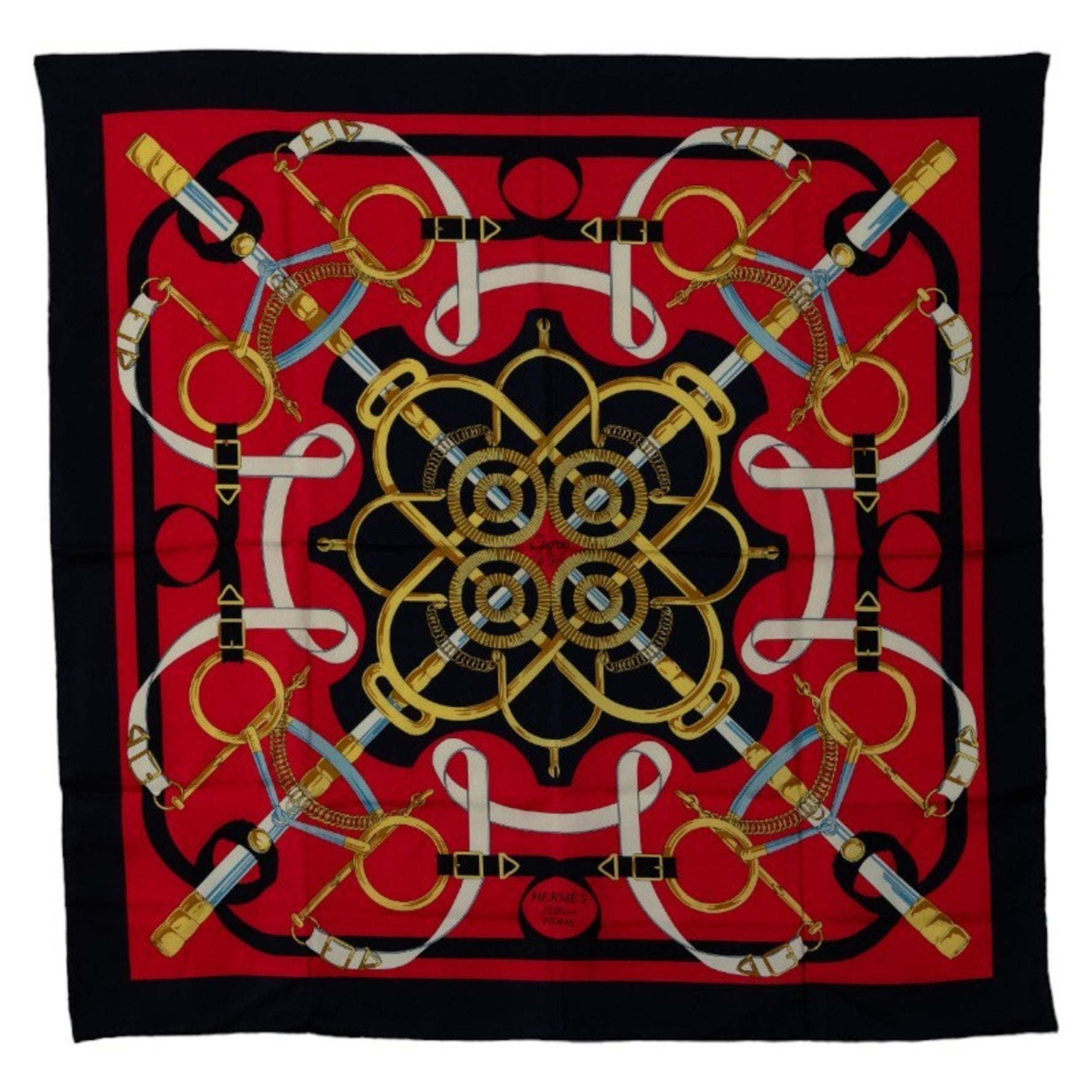 Hermes Carré 90 Eperon d'Or Golden Spur Scarf Muffler Navy Multicolor Silk