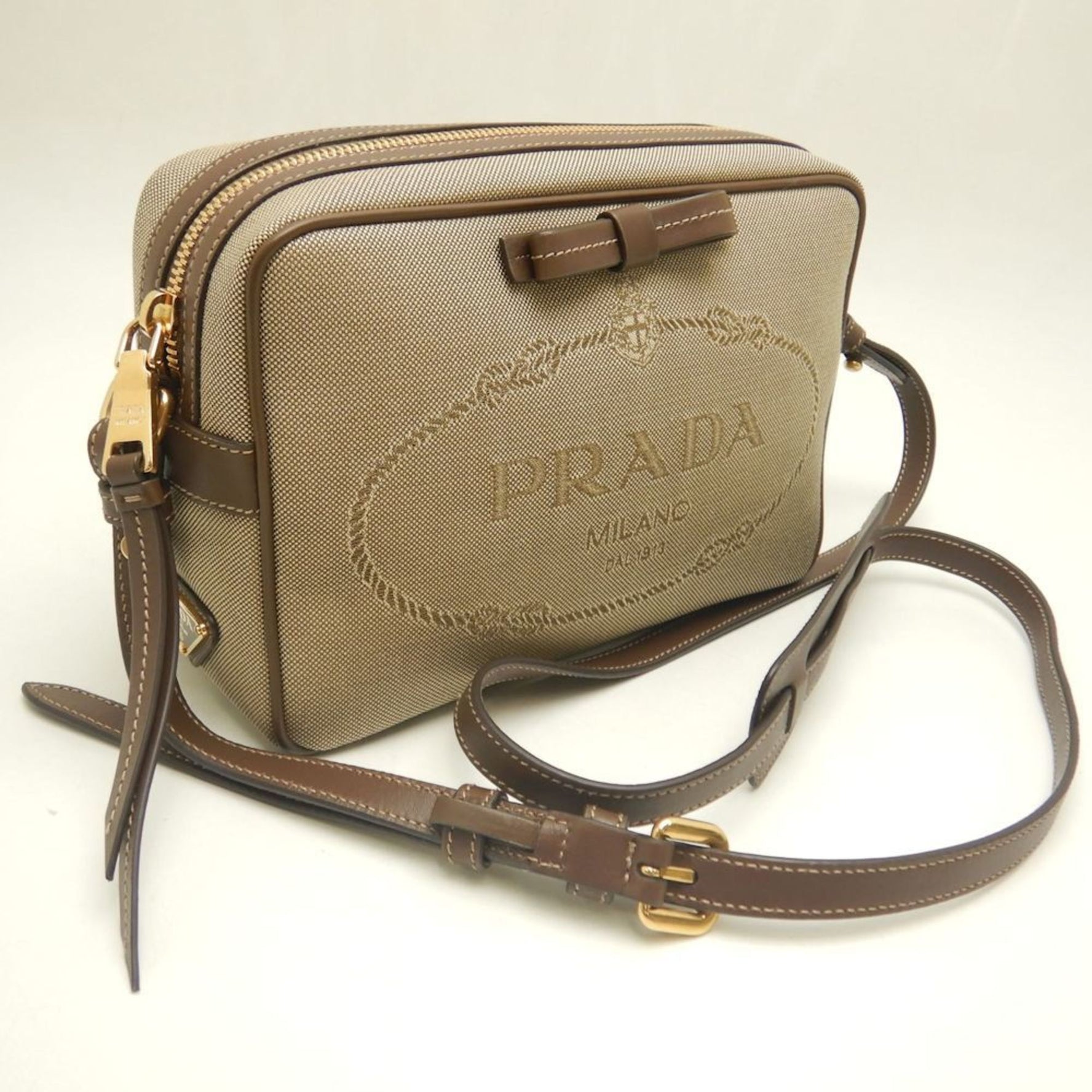PRADA Shoulder Bag Jacquard x Leather Beige Brown