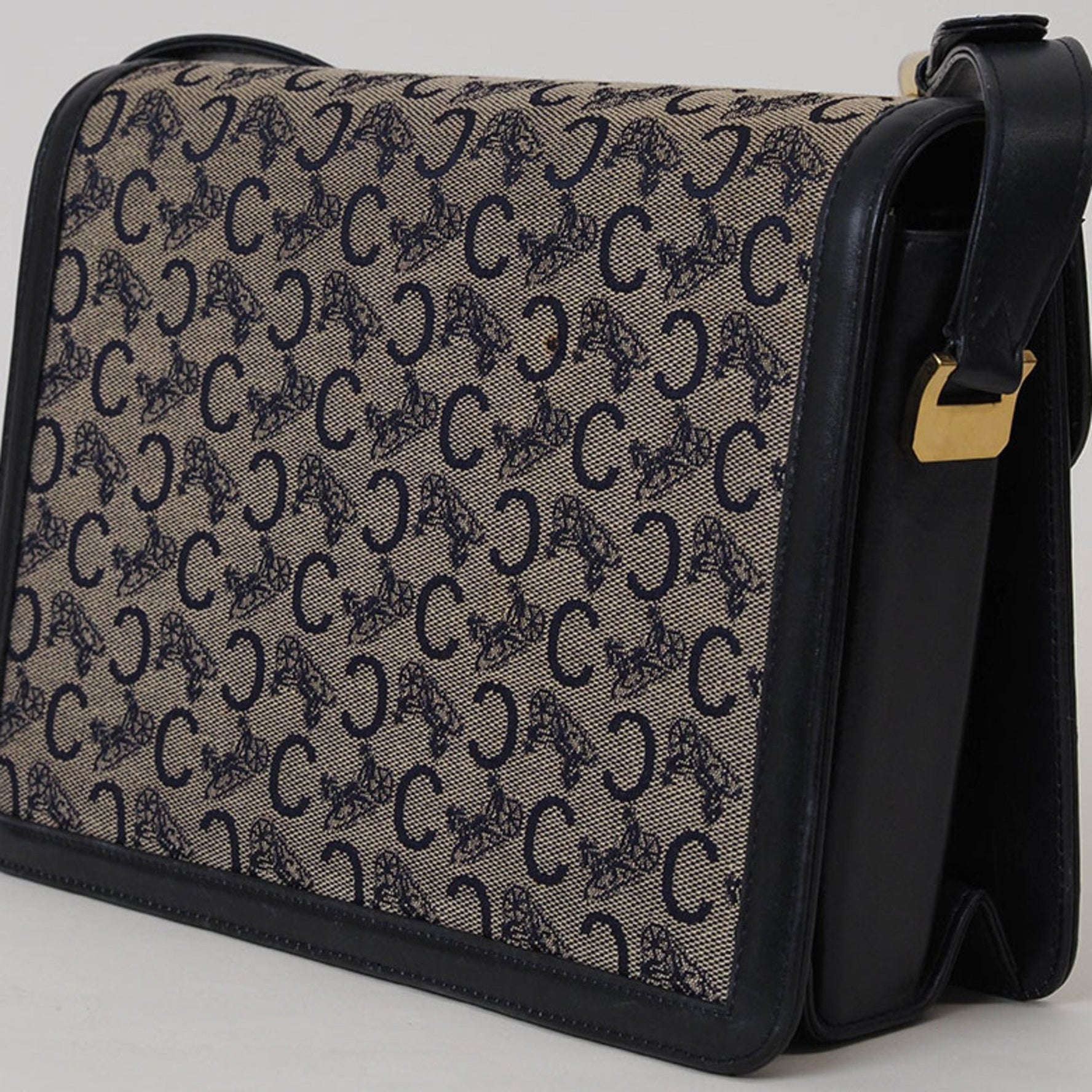 Celine Old Sulky Shoulder Bag Beige Navy Canvas Leather Carriage Hardware