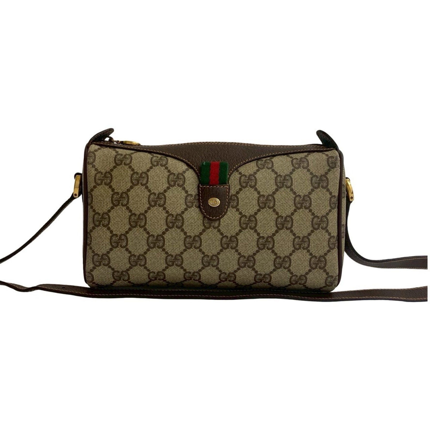 Unused, stored GUCCI vintage Sherry Line GG logo hardware leather shoulder bag in brown