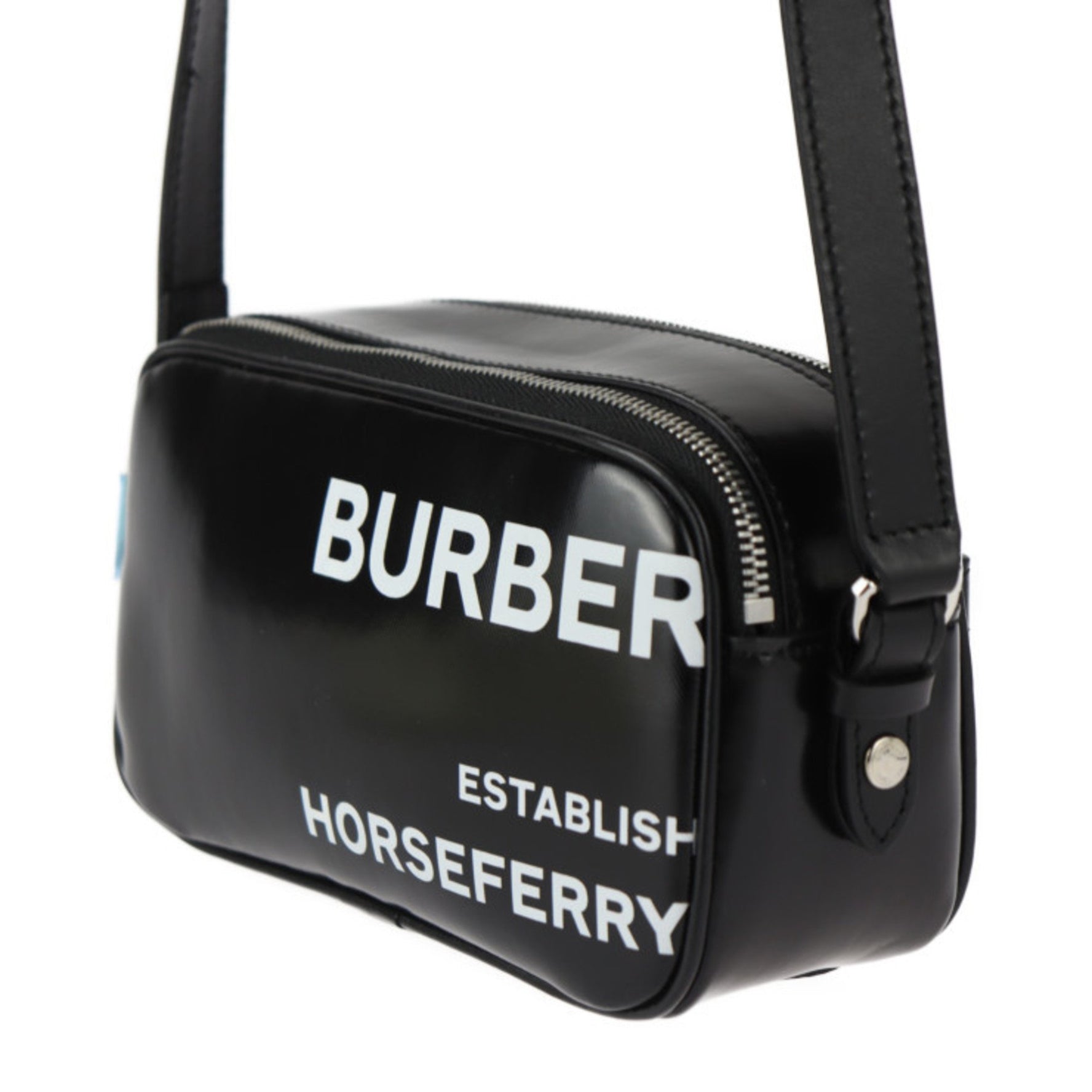 BURBERRY Camera Micro Horseferry Shoulder Bag Coated Canvas Leather Black White Crossbody Pochette