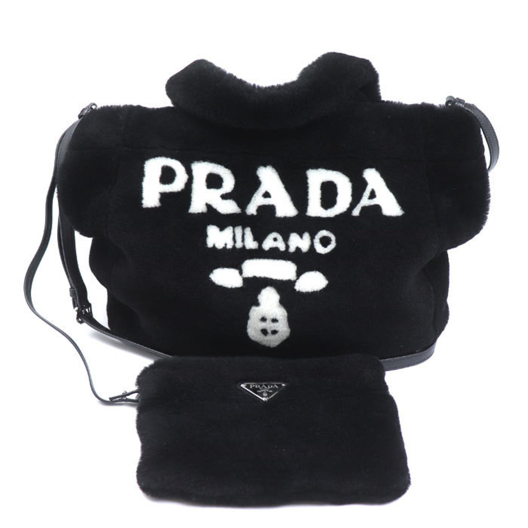 PRADA Shearling Fur Tote Bag, Black and White