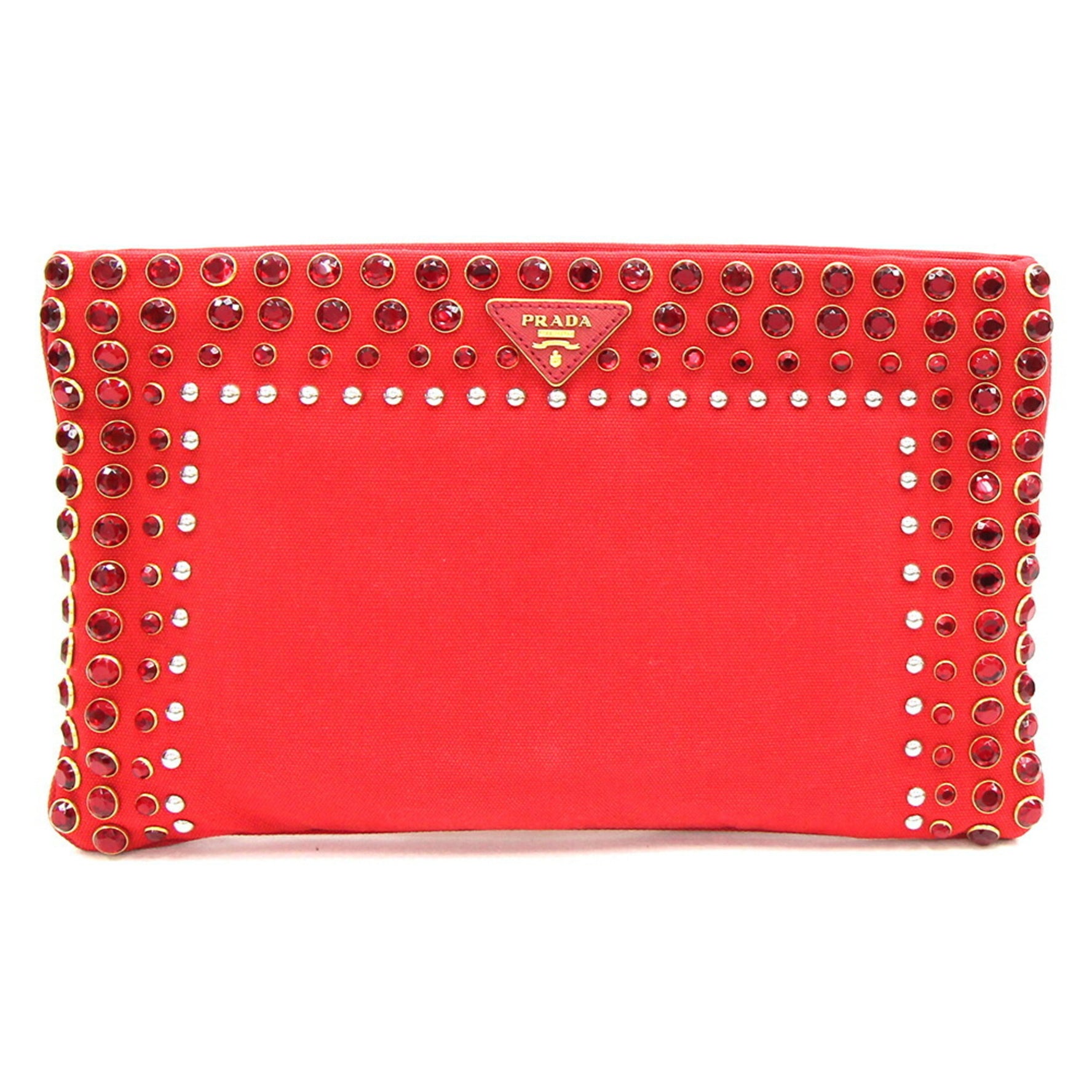 Prada Clutch Bag Red Canvas Leather Studs Beads Pouch