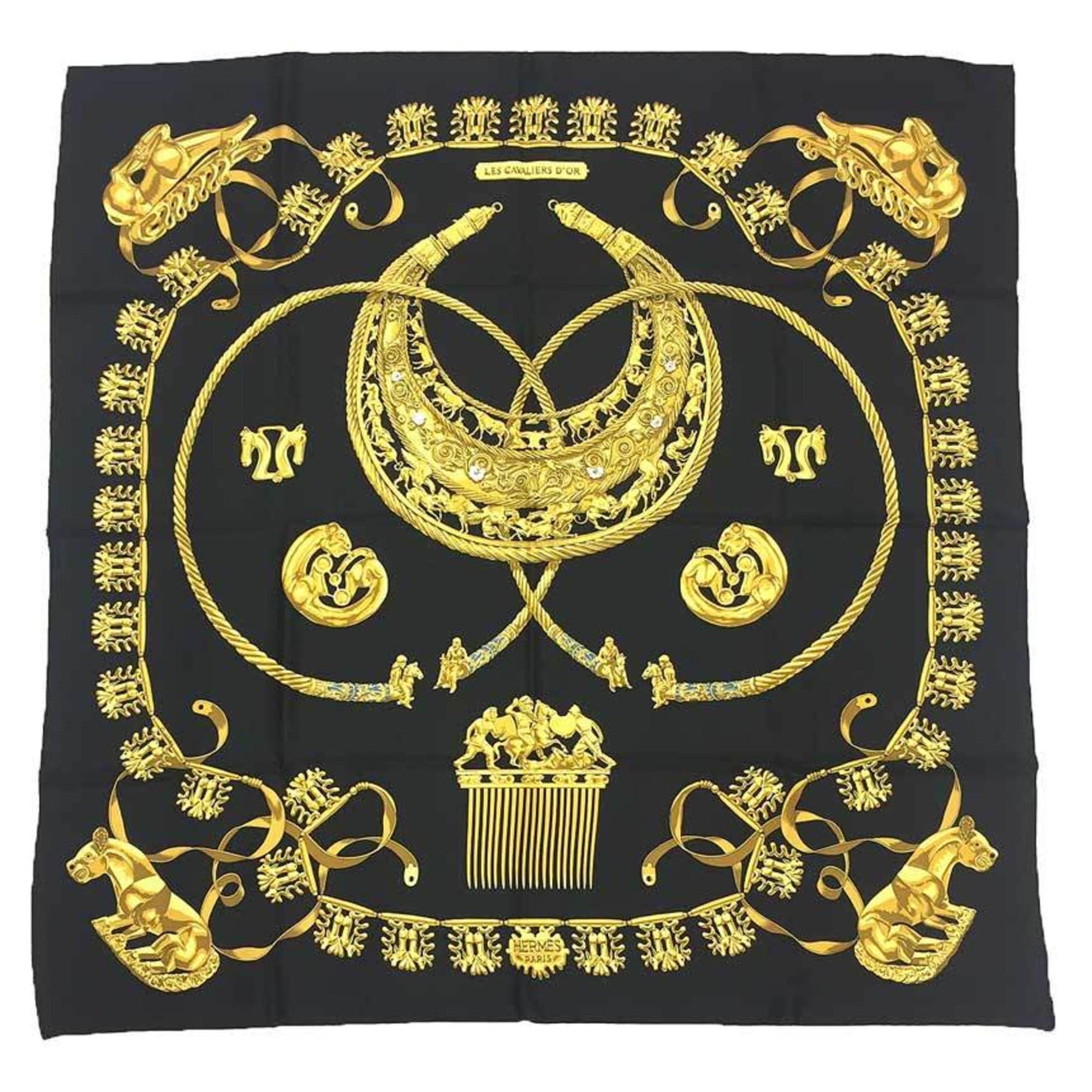 HERMES Carré 90 Scarf/Muffler, "Les Cavaliers D'Or" Golden Knights, 100% Silk.