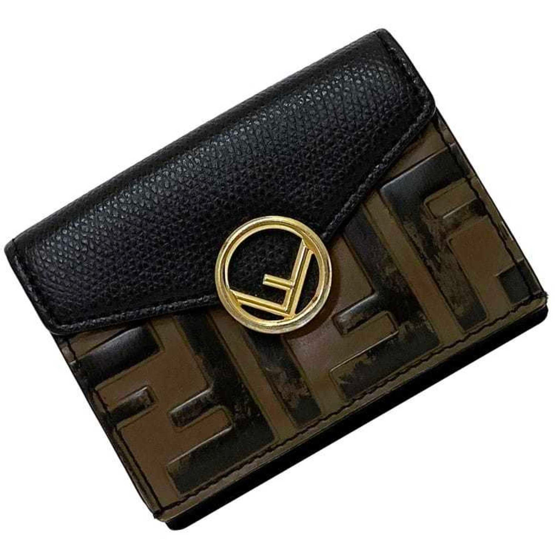 Fendi Tri-fold Wallet Black Brown F Is Compact Zucca Leather FF Women Men