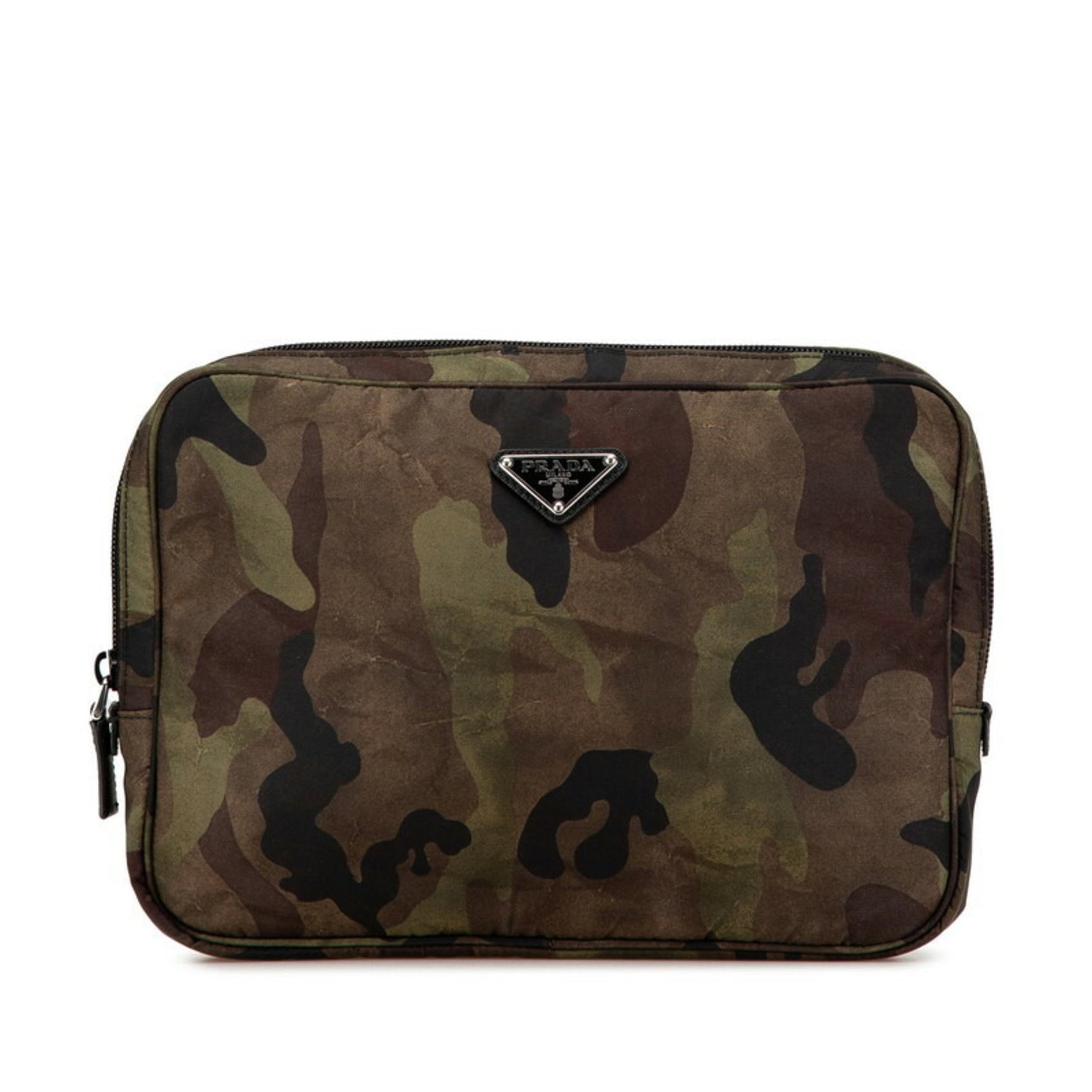 Prada Camouflage Triangle Plate Clutch Bag Second Green Khaki Nylon Leather