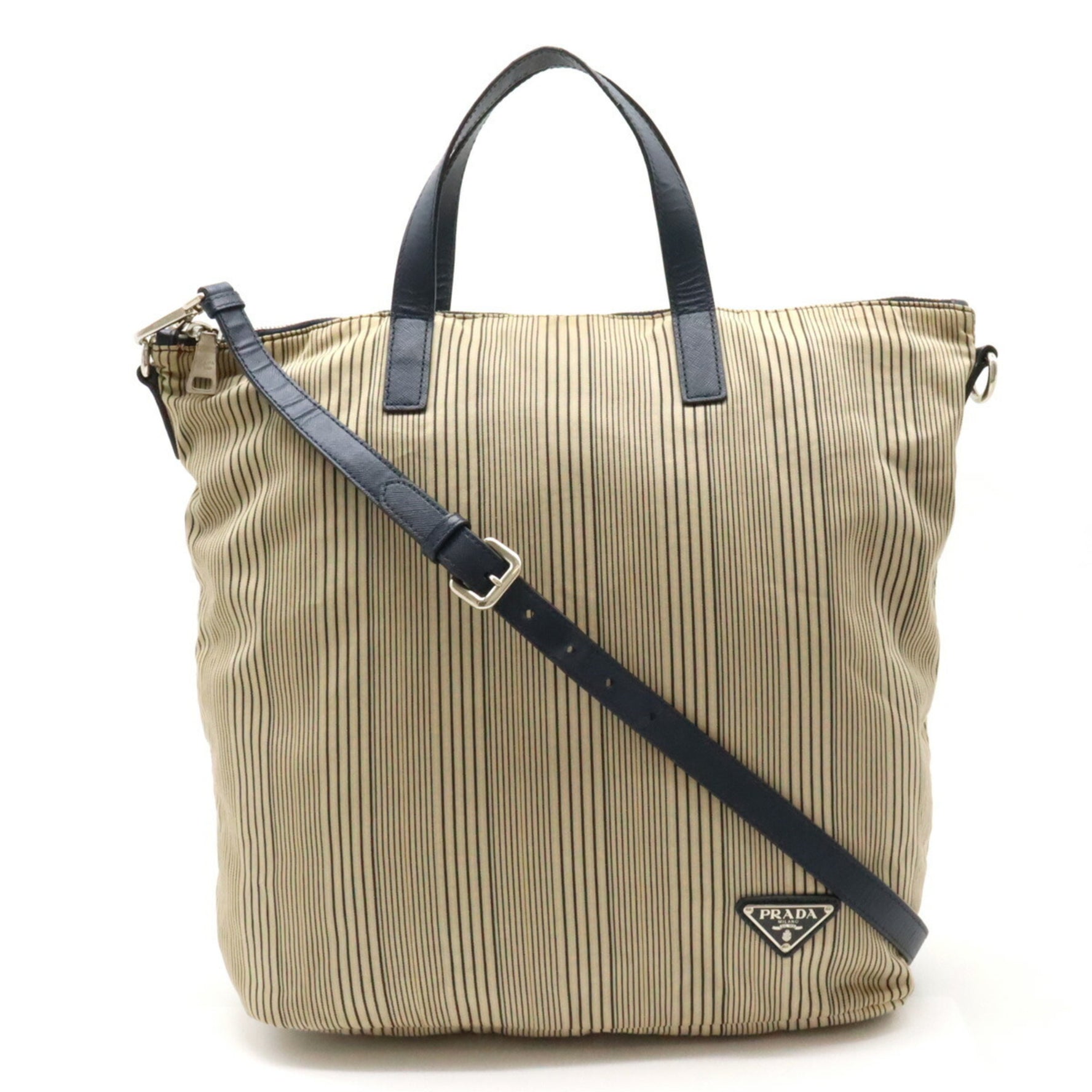PRADA Tote Bag Handbag Shoulder Stripe Canvas Leather Beige Purchased at a Domestic Outlet