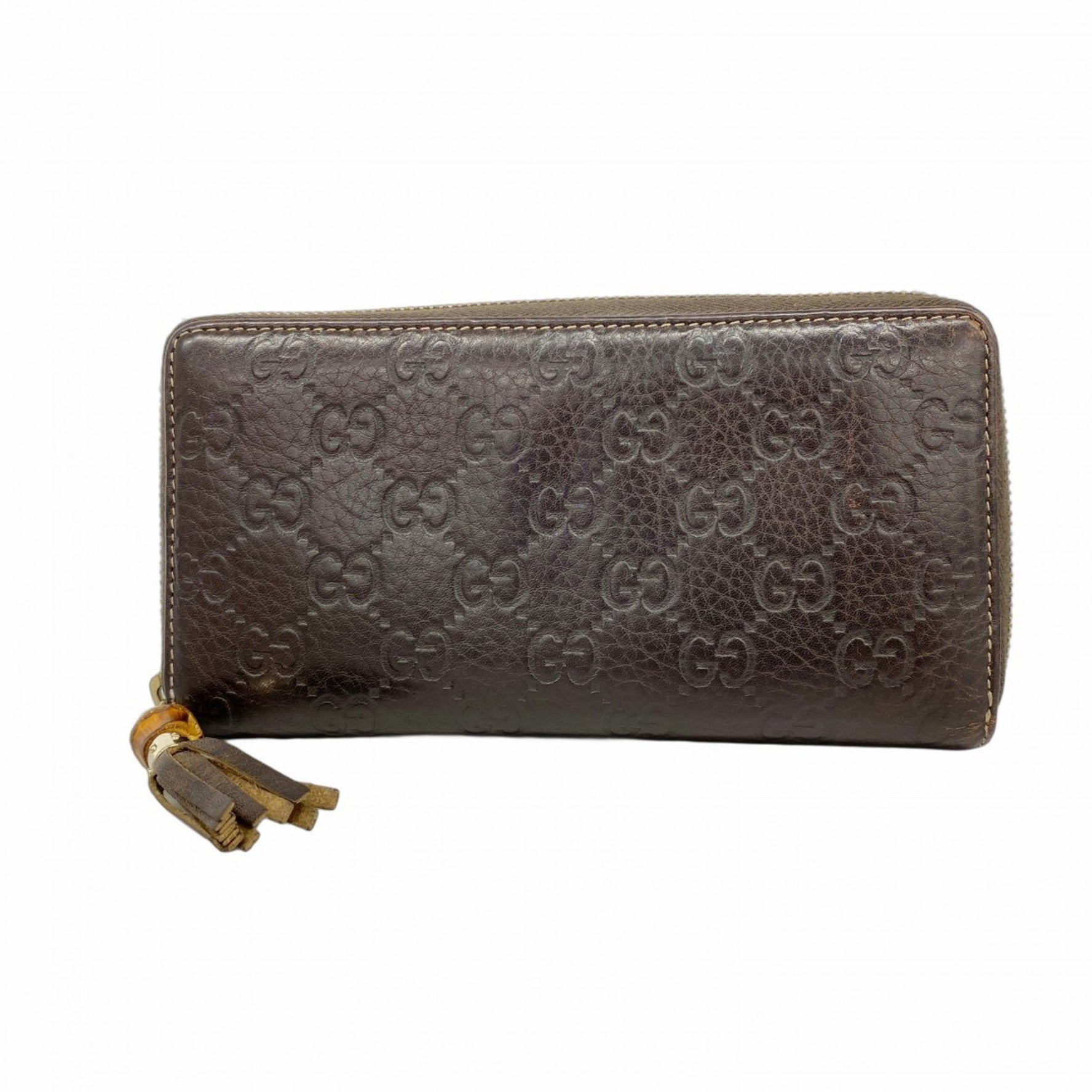 Gucci Bamboo Long Wallet, Guccissima, Leather, Dark Brown, Champagne