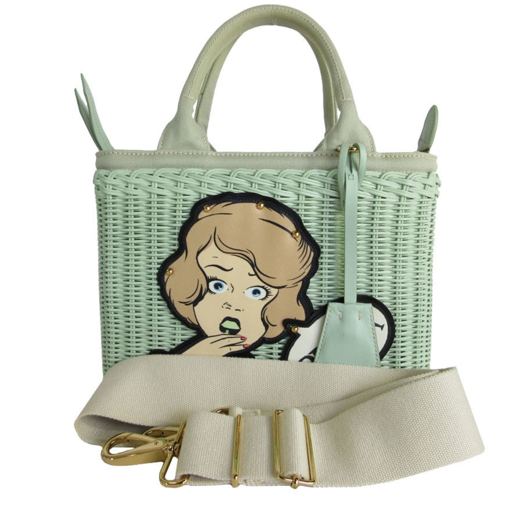 PRADA handbag shoulder bag canvas wicker light green