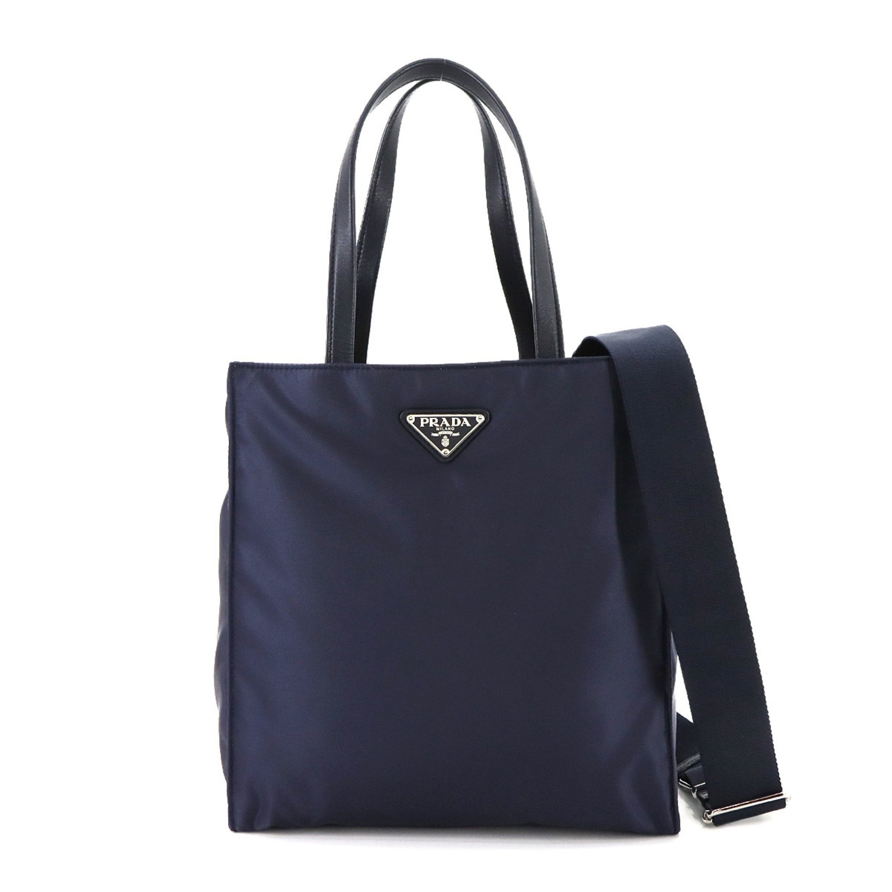 Prada 2-way Tote Shoulder Bag, Nylon and Leather, Navy Blue with Silver Hardware, 1BG426