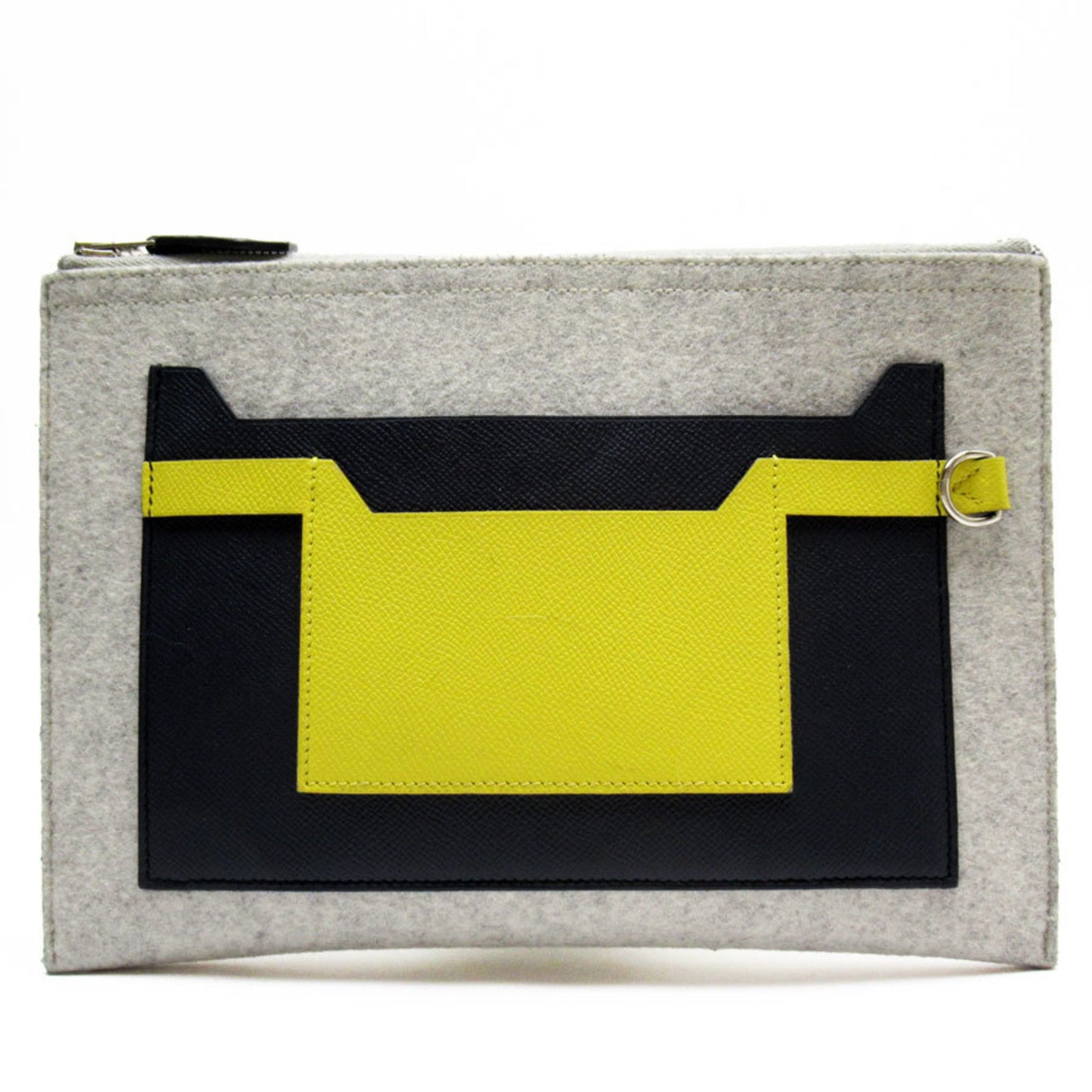 Hermes clutch bag Toudou 29 felt Epsom leather light gray x navy yellow