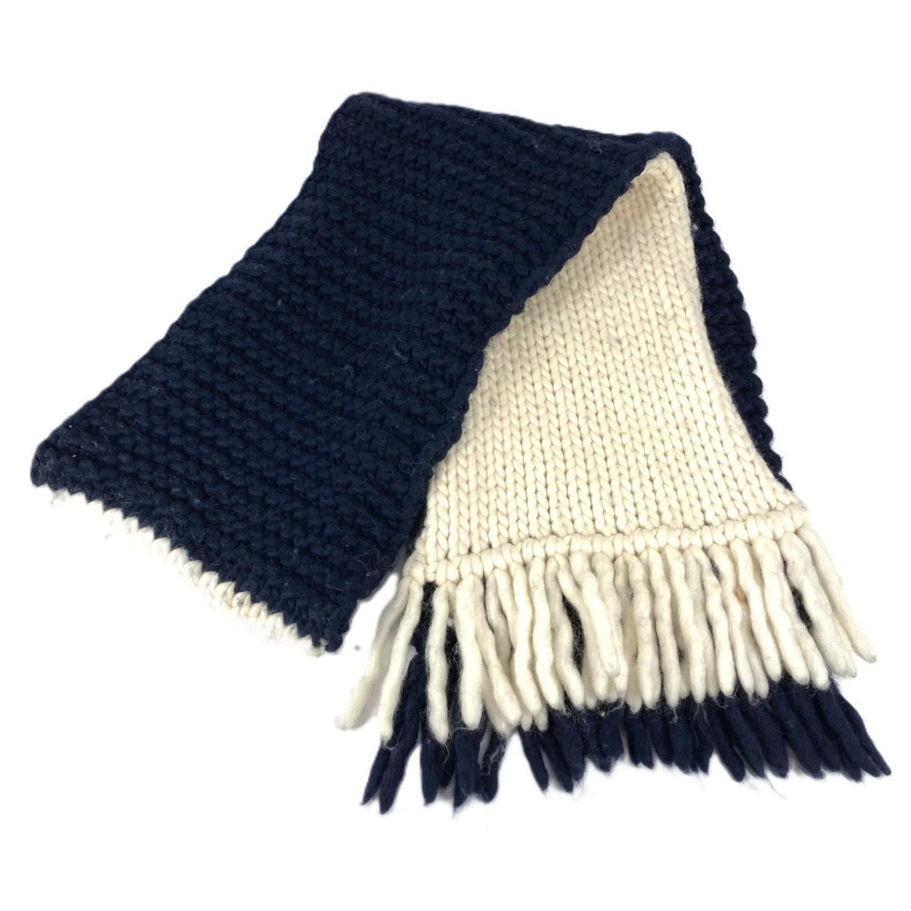 FENDI Fringe Logo Bicolor Scarf Wool Nylon Men's Navy