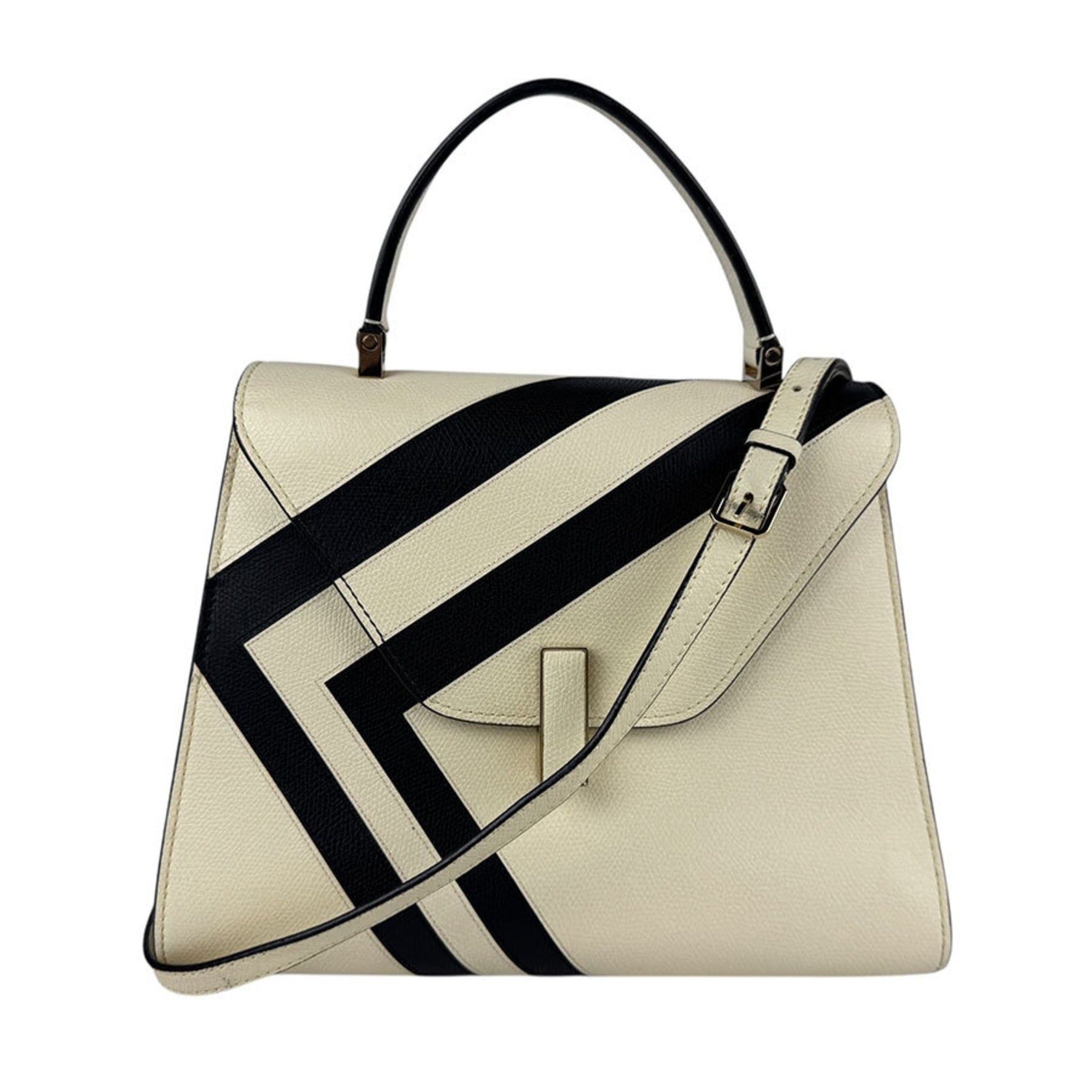 Valextra Handbag Shoulder Bag Medium Iside Intarsia Stripe Leather Ivory Black Gold Women's z5263