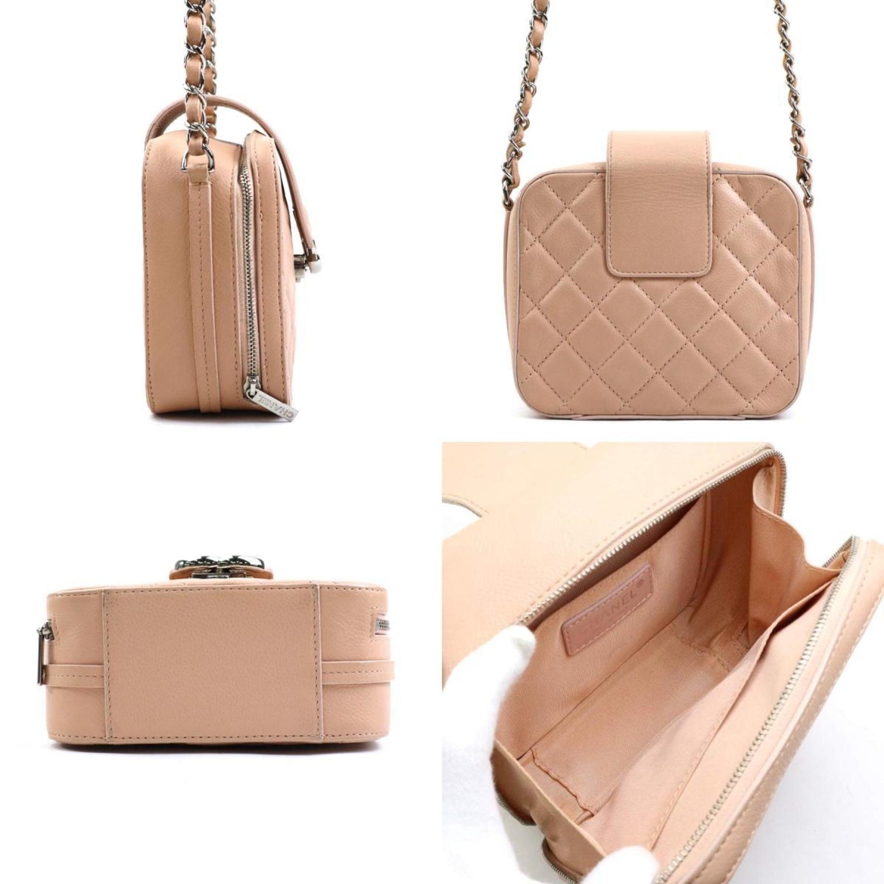 CHANEL Shoulder Bag Caviar Skin Leather Pink Beige Silver
