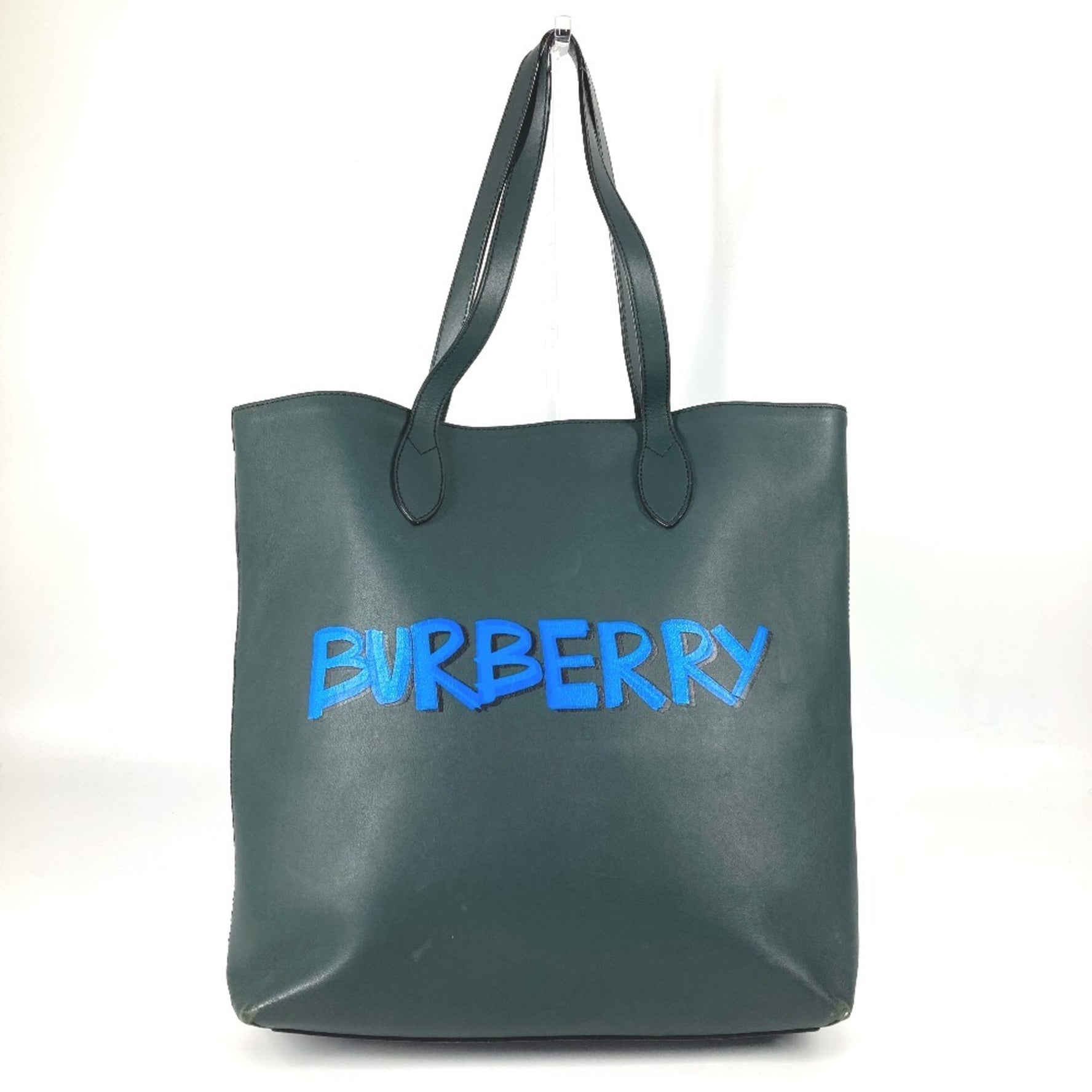 BURBERRY Logo Tote Bag Shoulder Vertical Leather Men's Khaki