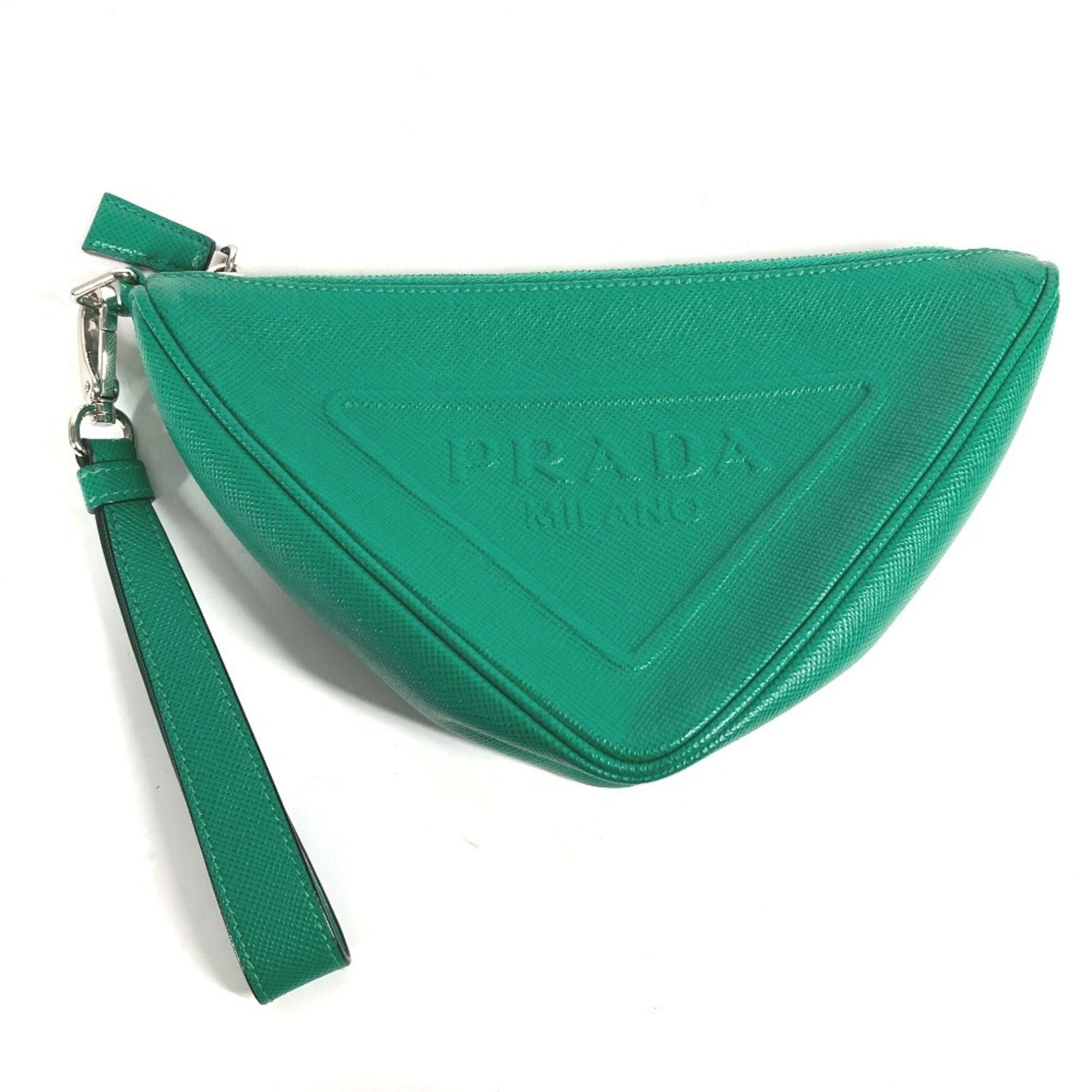 PRADA Embossed Triangle Plate Pouch Clutch Bag with Strap Saffiano Leather Men's