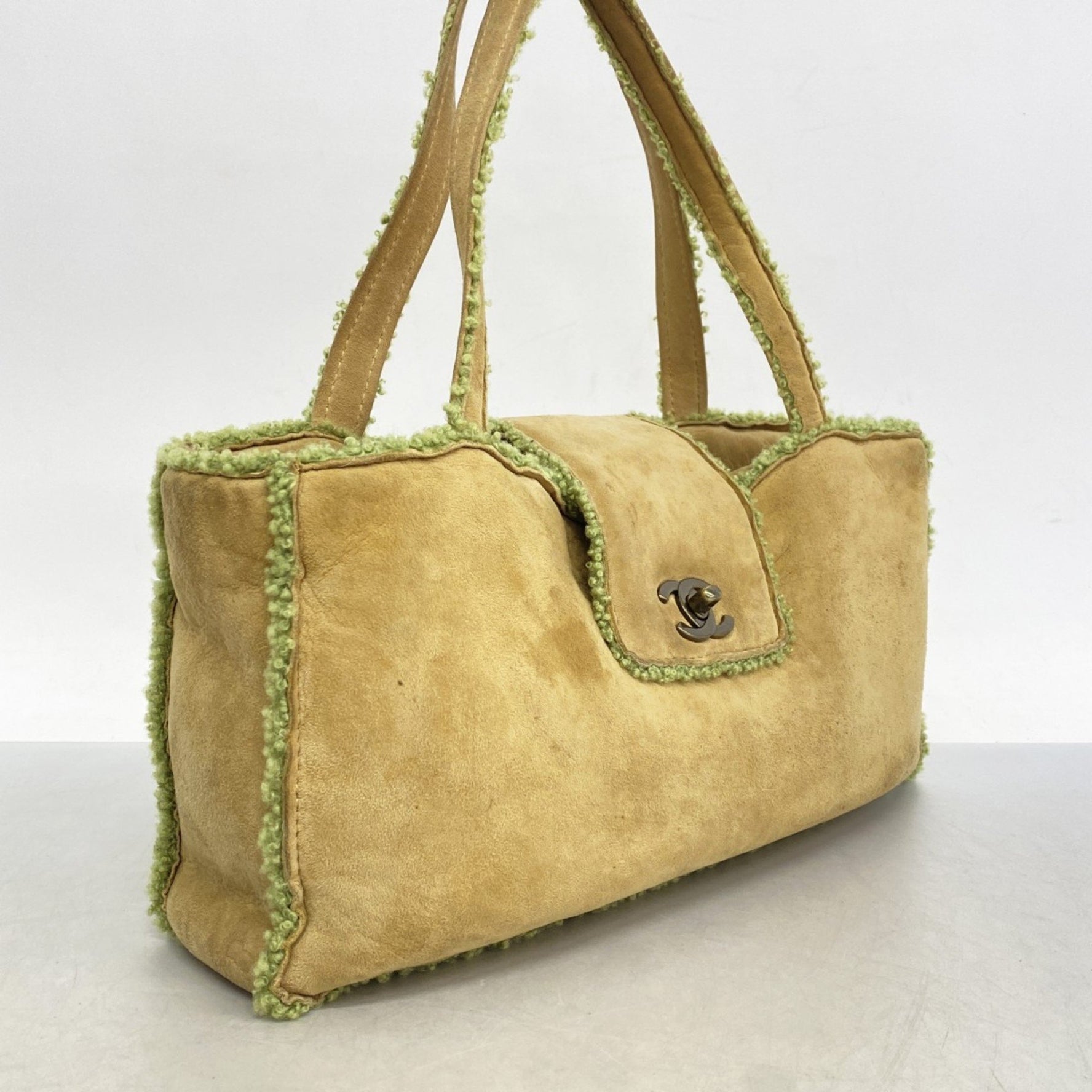 Chanel handbag suede mouton beige green