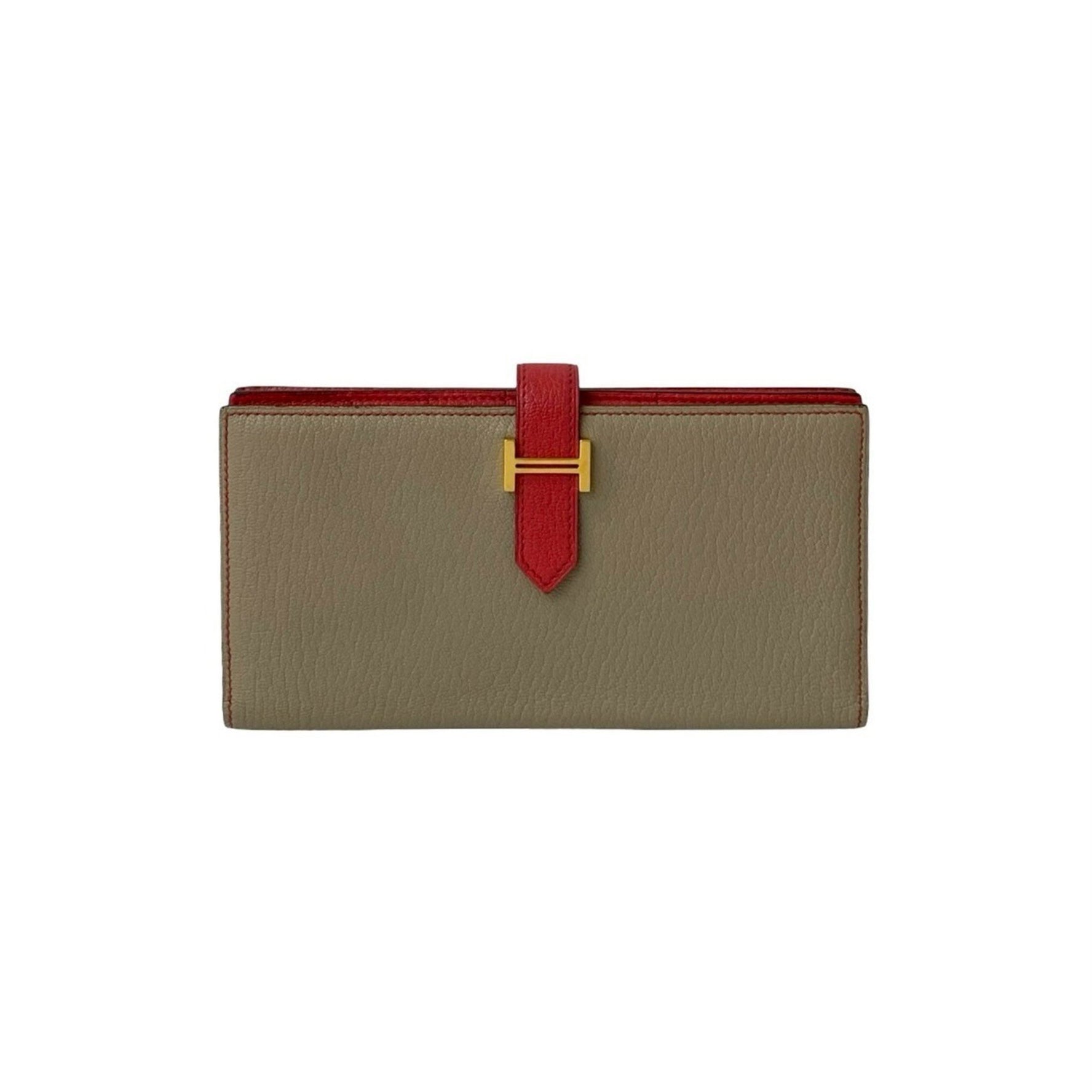 HERMES Bearn Souffle Chevre Leather Bifold Long Wallet Etoupe