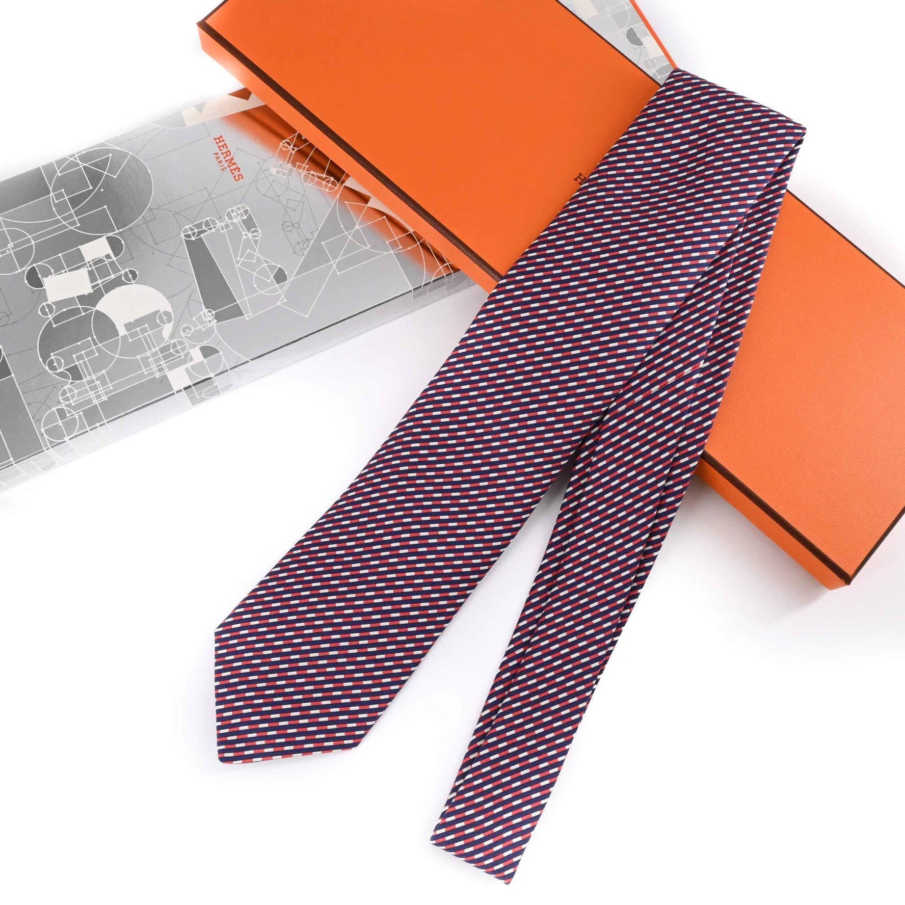 HERMES Silk Striped Tie in Red and Navy