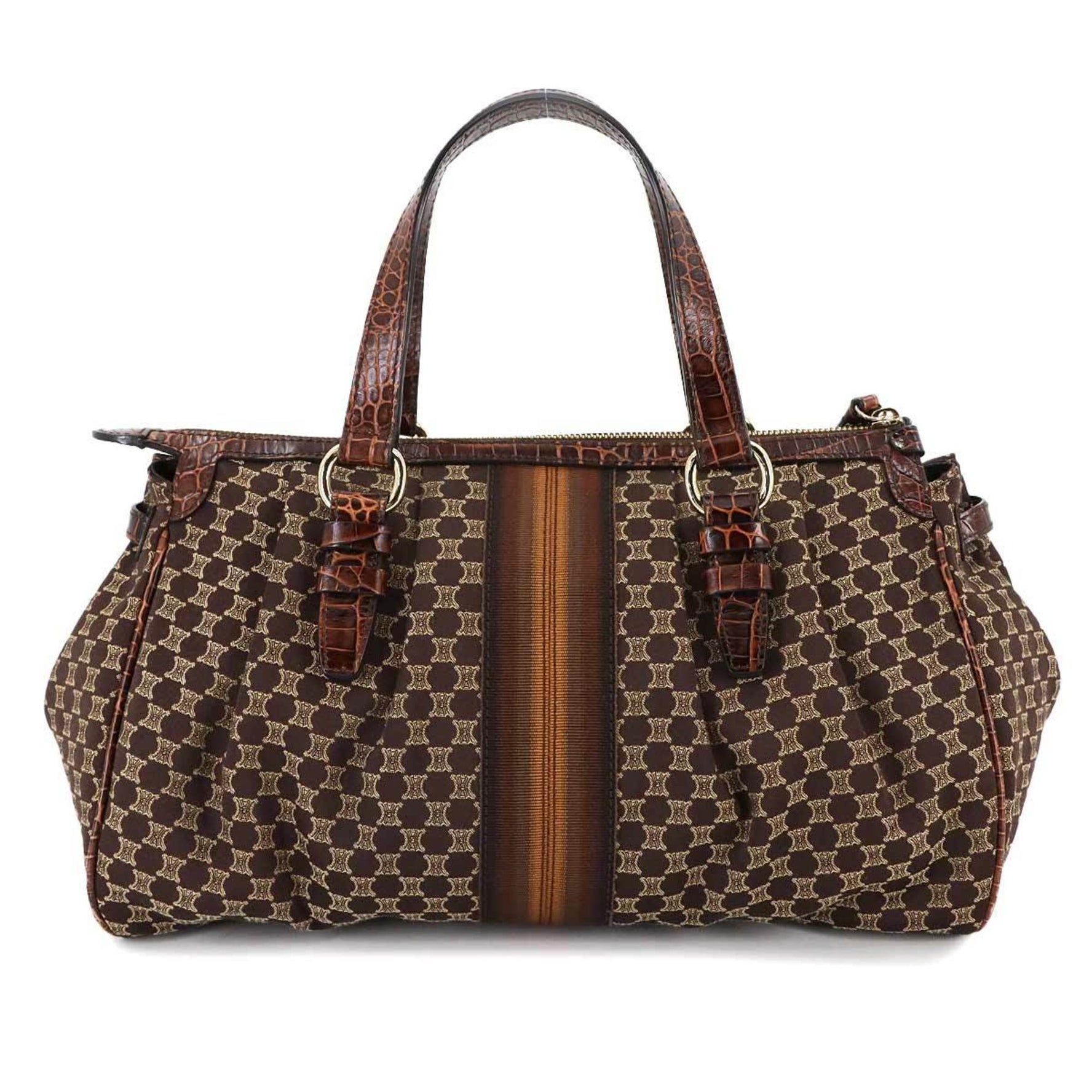 Celine Macadam Handbag in Dark Brown Canvas and Leather with Gold Hardware