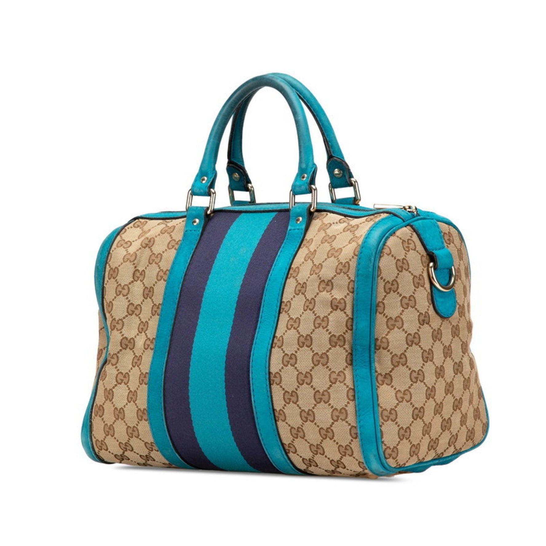 Gucci GG Canvas Handbag Shoulder Bag Beige Blue Leather