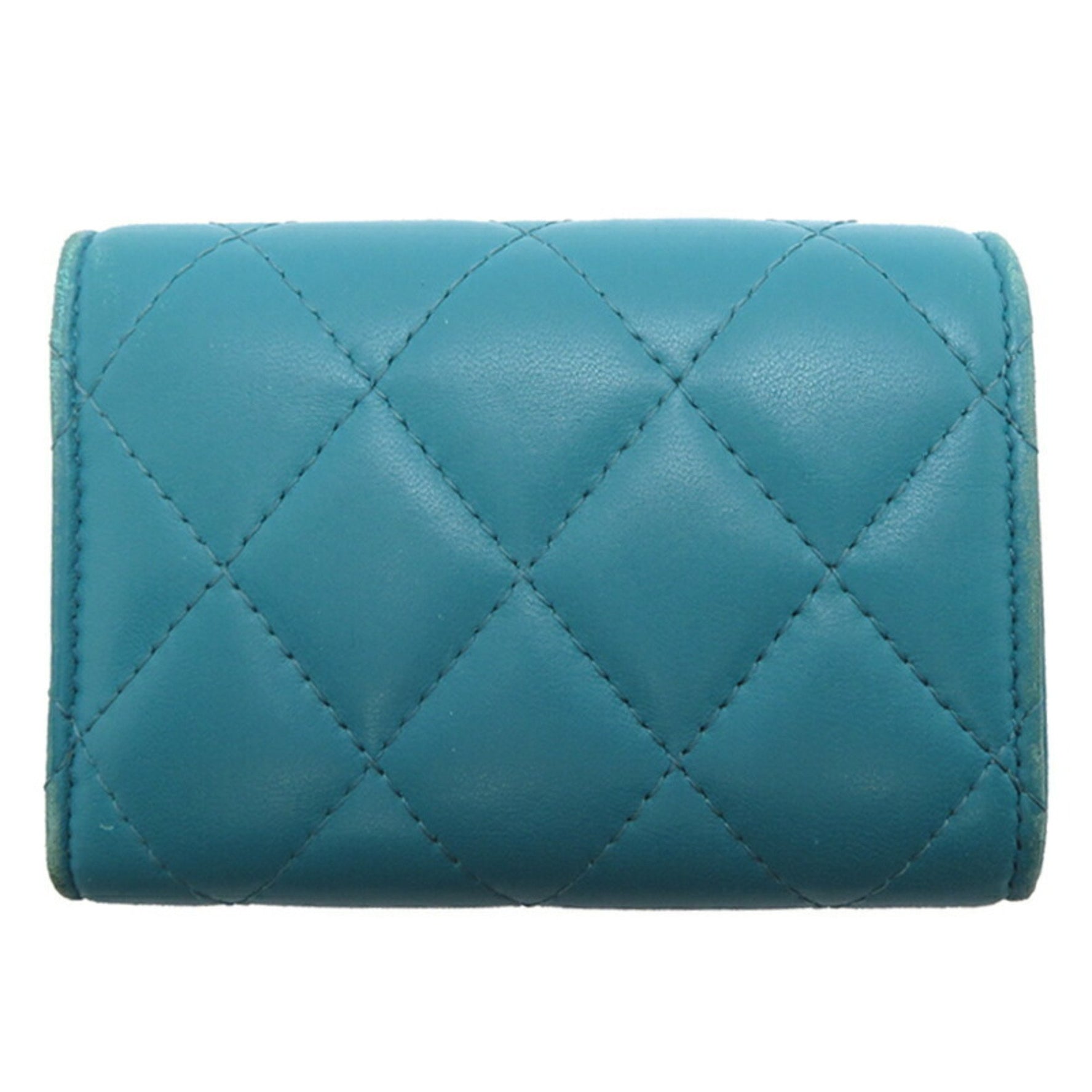 Chanel Coco Mark Tri-fold Wallet Leather, Turquoise (Blue)