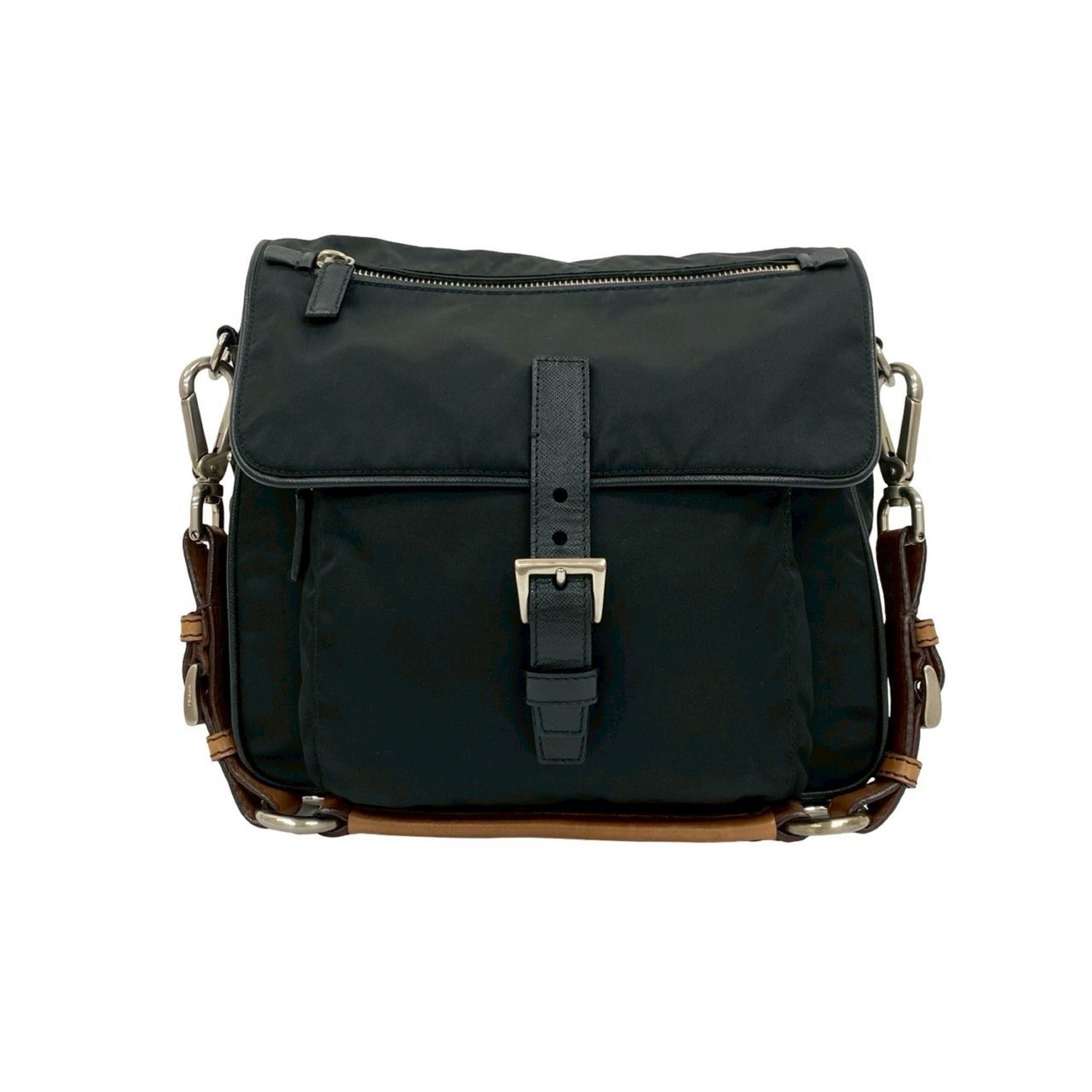 PRADA Triangle Logo Hardware Saffiano Leather and Nylon Handbag One Shoulder Bag Black Brown