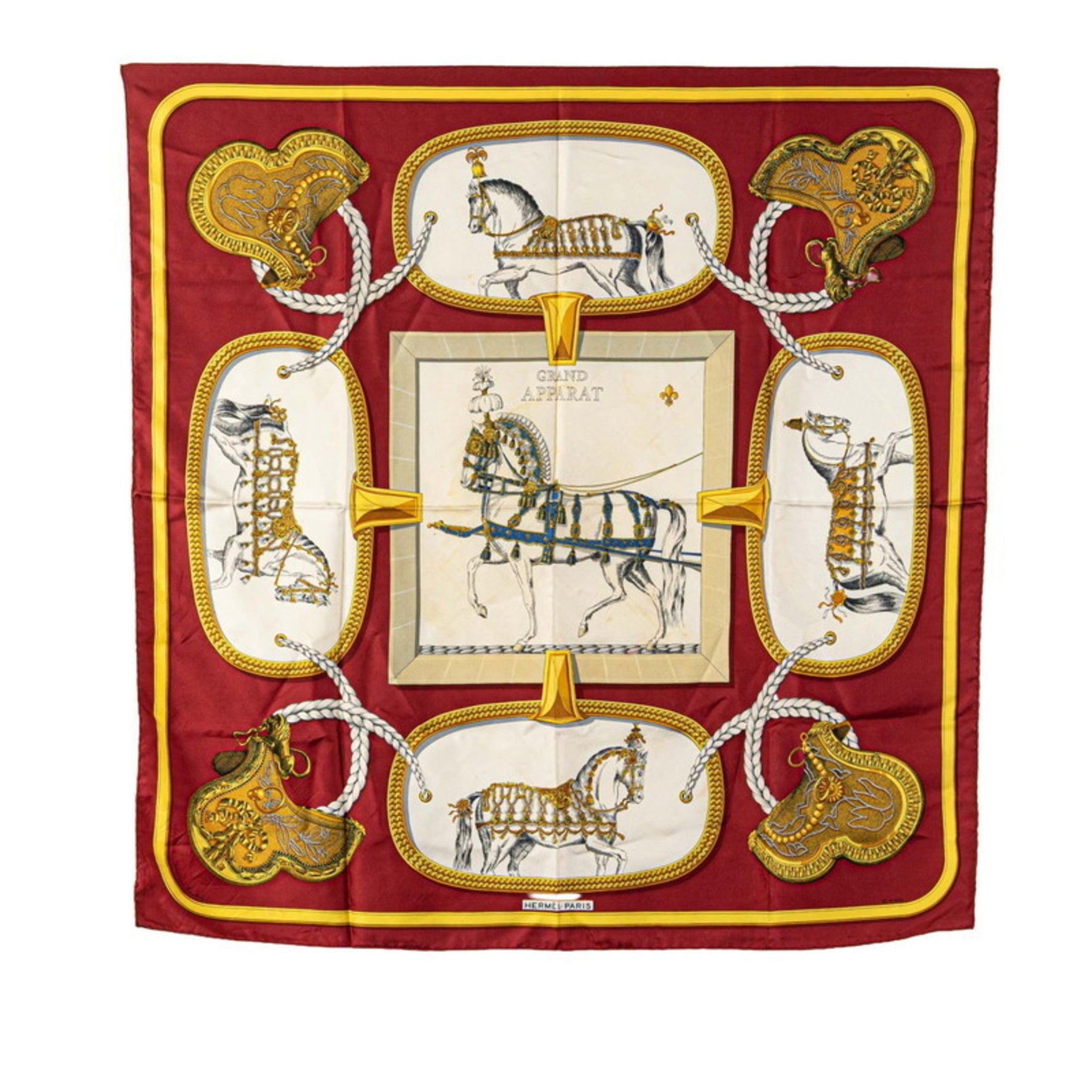 Hermes Hermès Carré 90 Grand Apparel Horse Scarf, Wine Red and Multicolor Silk