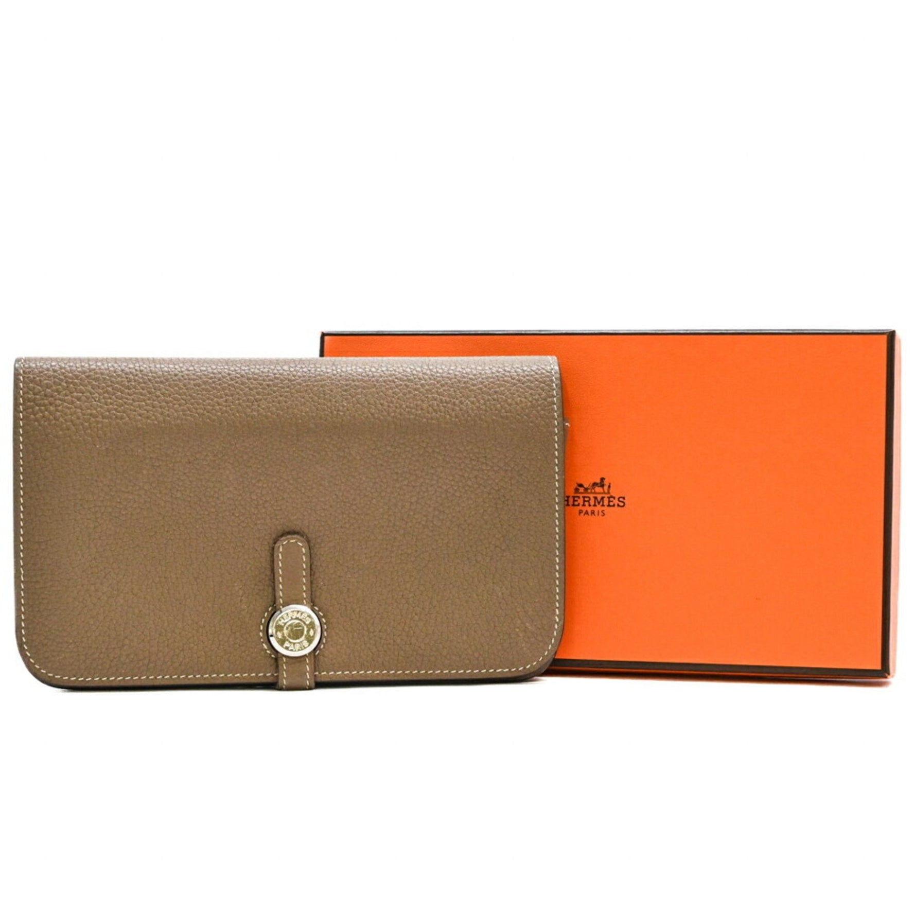HERMES Dogon Duo GM Long Wallet Togo Leather Bi-fold Bicolor Etoupe Greige #C