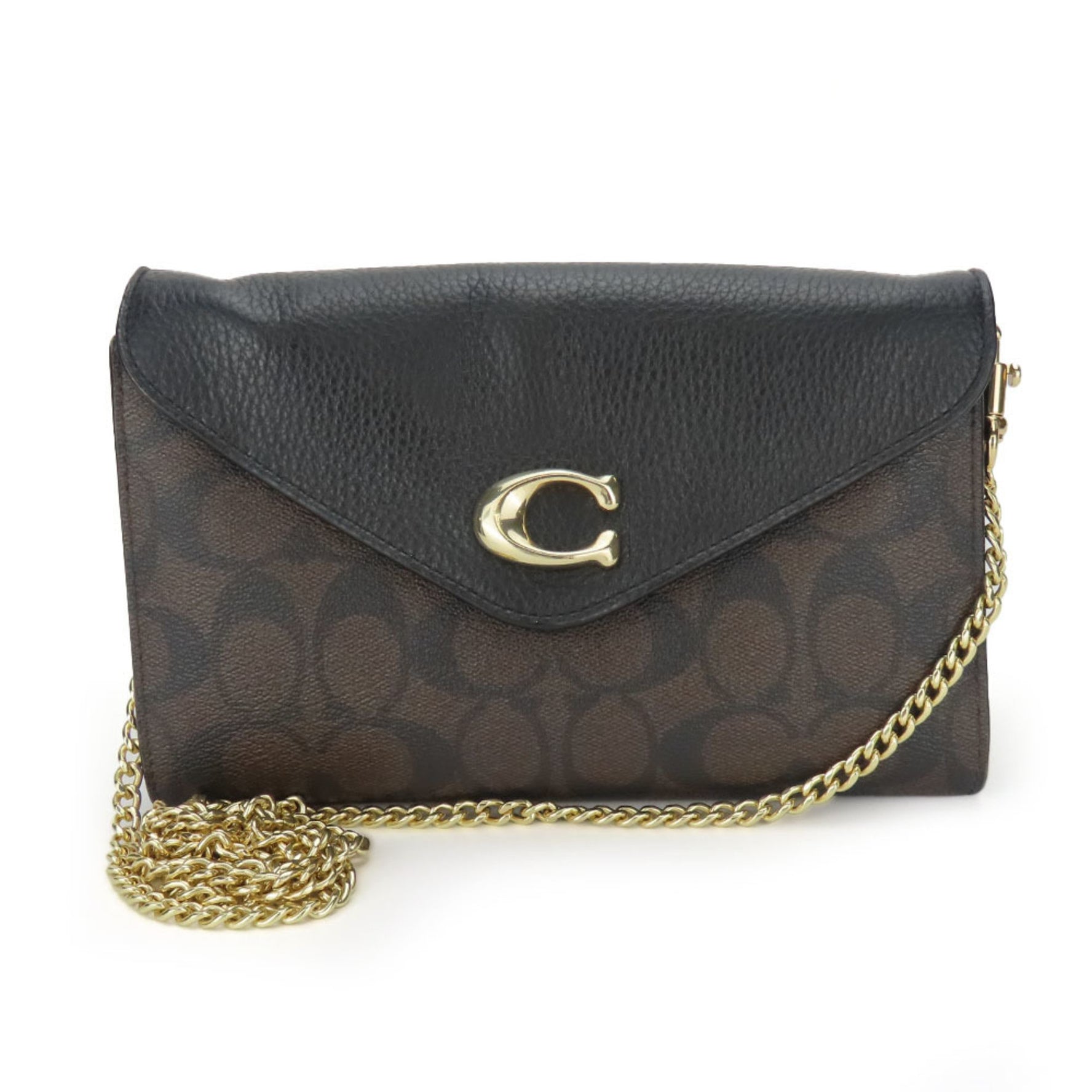 Coach Shoulder Bag Signature Leather Black Dark Brown Clutch Chain Wallet