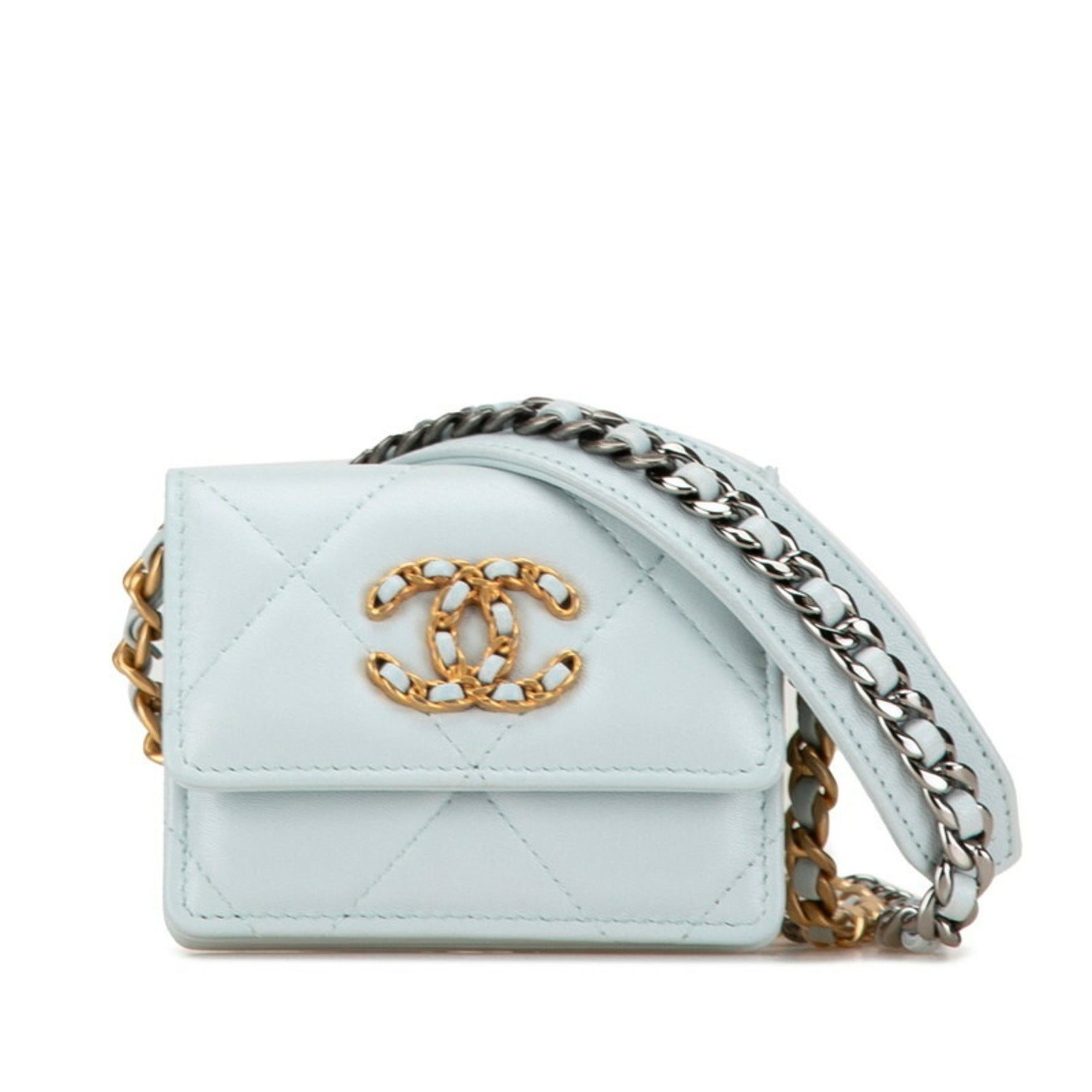Chanel Matelasse 19 Coco Mark Chain Shoulder Wallet Light Blue Lambskin