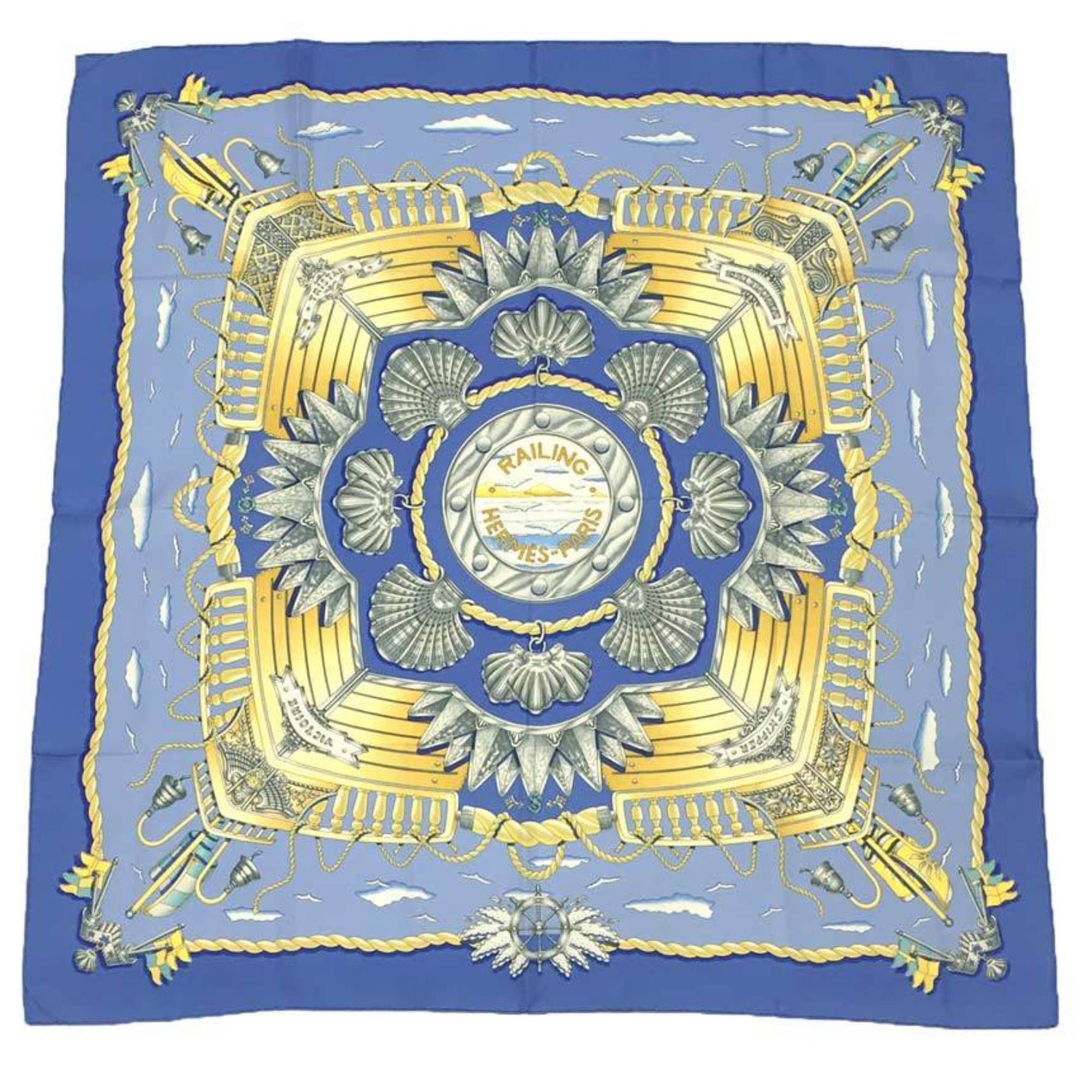 HERMES Carré 90 RAILING Scarf, Ship's Railing, Blue, 100% Silk