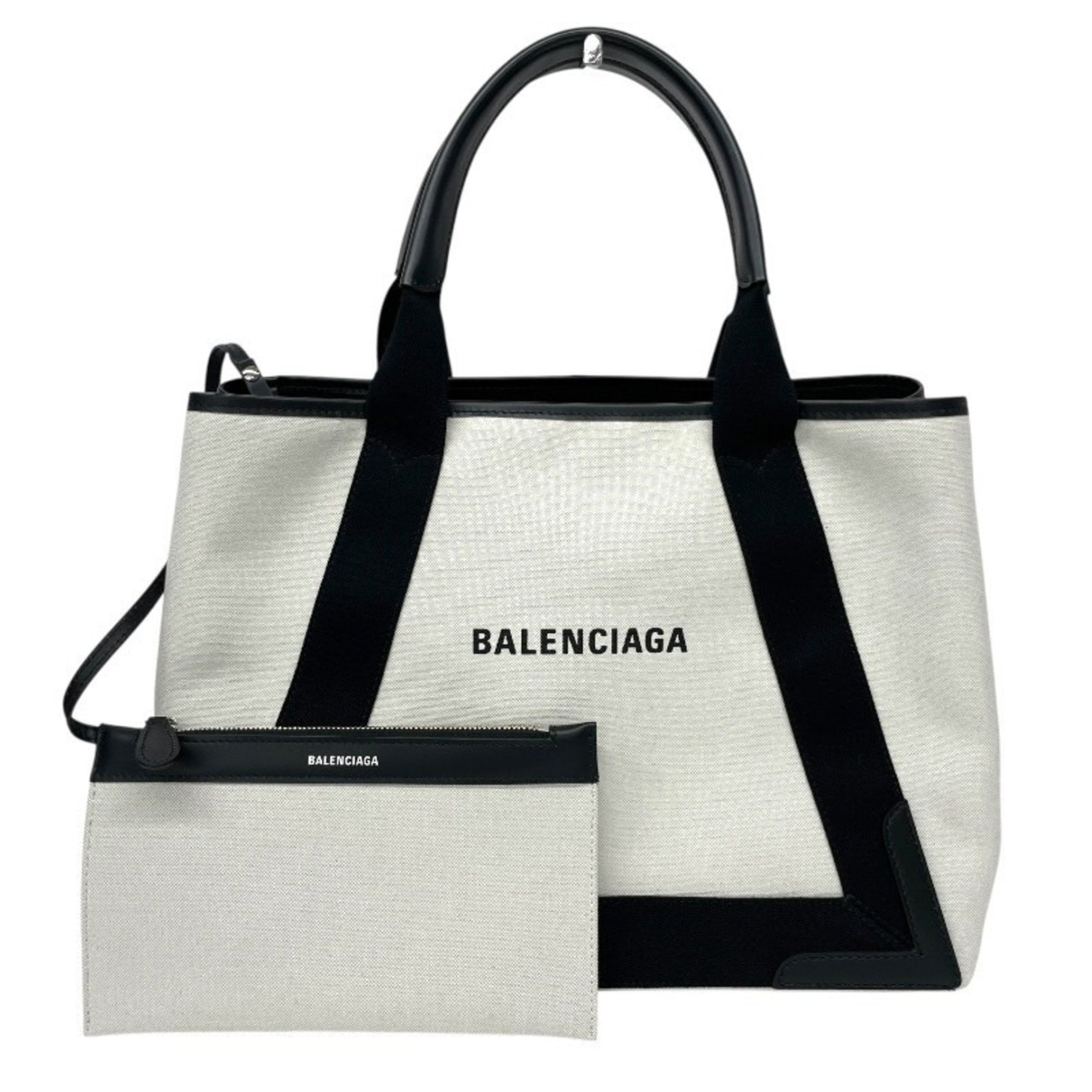 BALENCIAGA Navy Cabas M Handbag, Leather, Pouch, Tote, Canvas