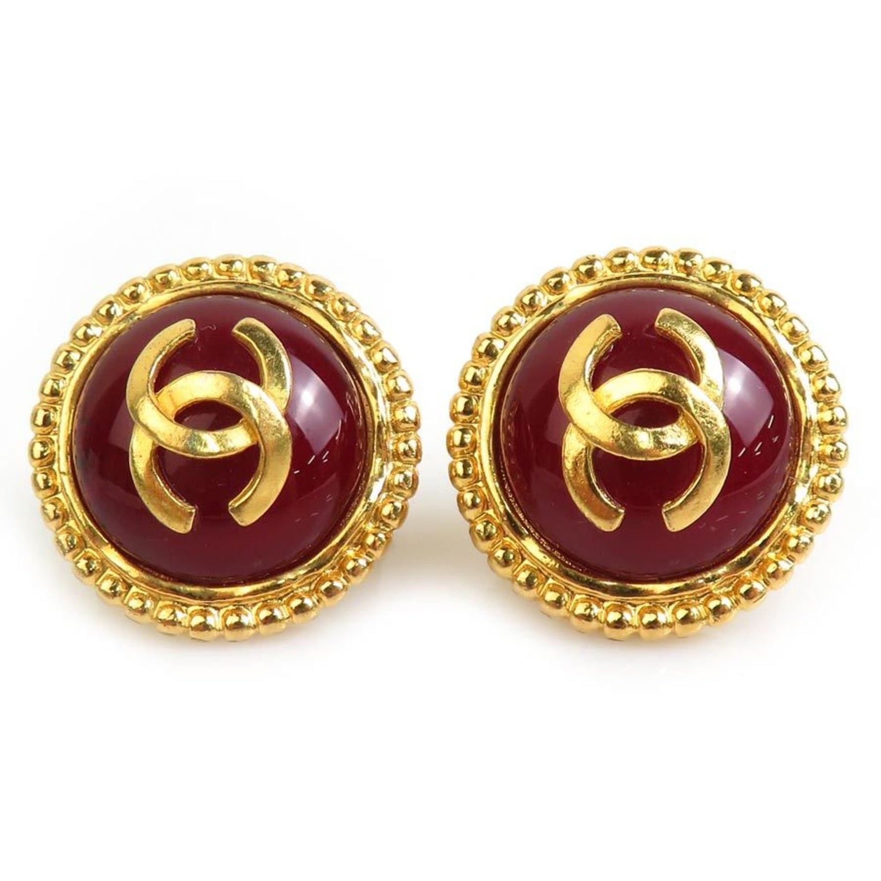 CHANEL Earrings Coco Mark Metal Stone Gold Dark Red