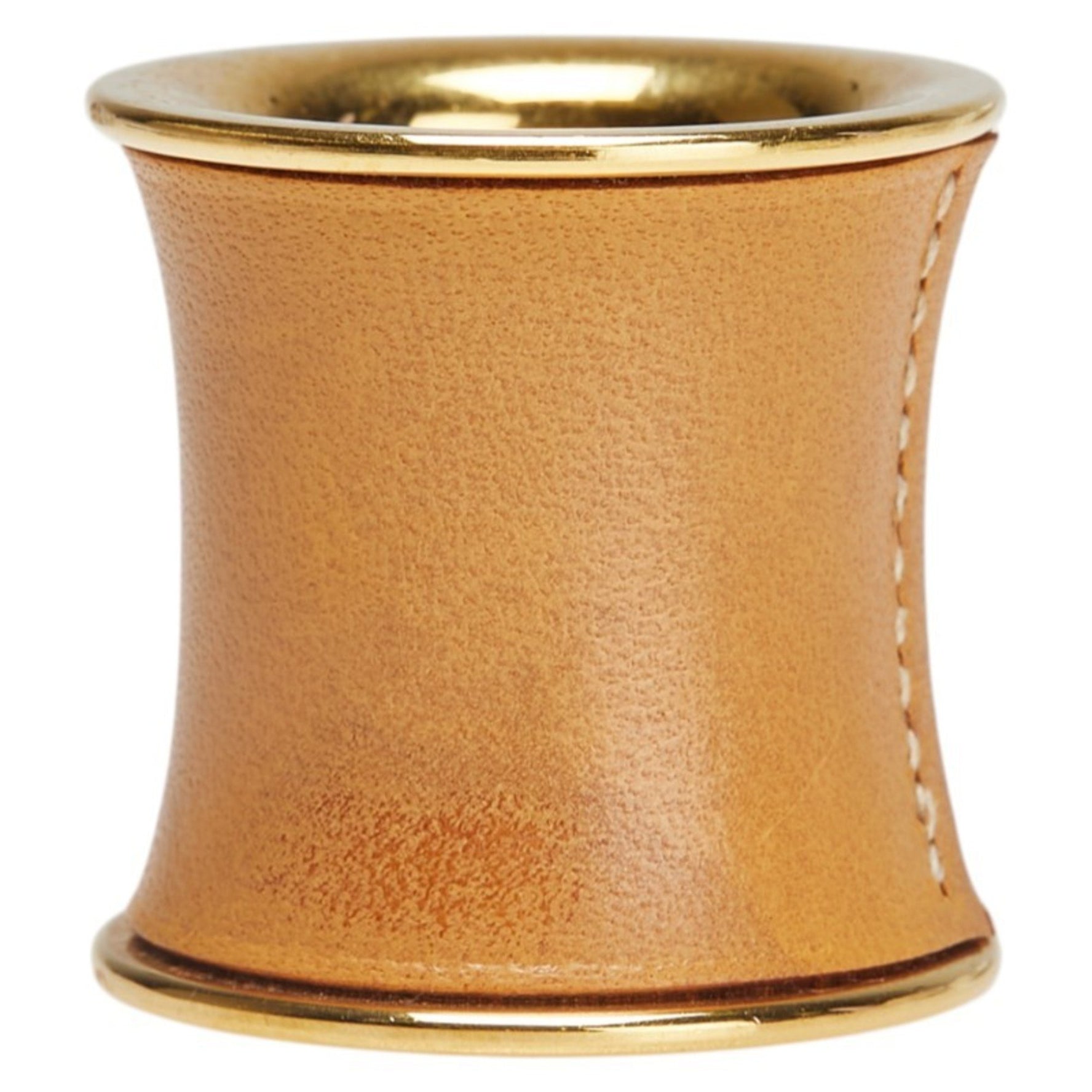 Hermes cylindrical scarf ring in gold and beige plated leather .