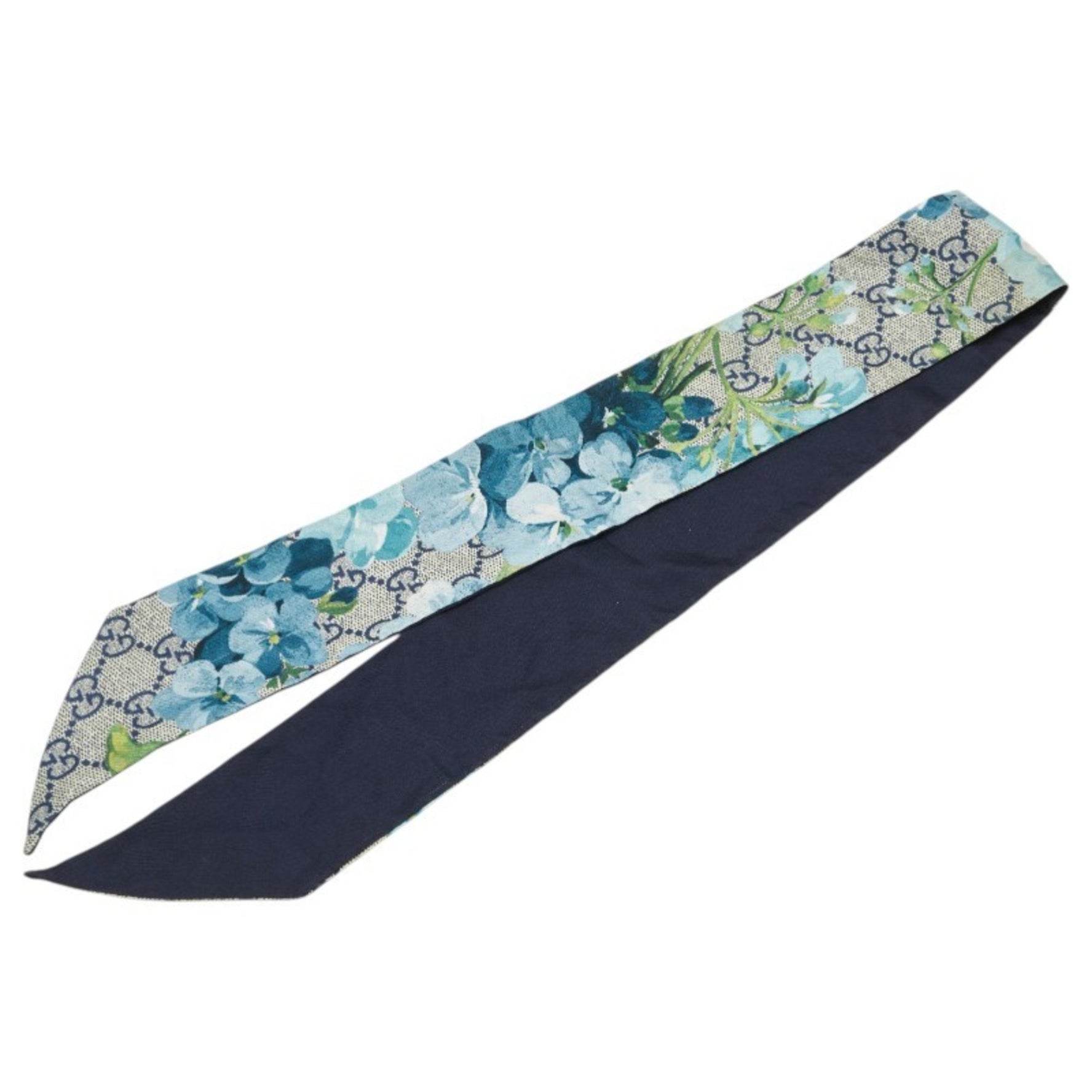 Gucci GG Blooms Neck Bow Scarf, Navy Blue and Multicolor Silk