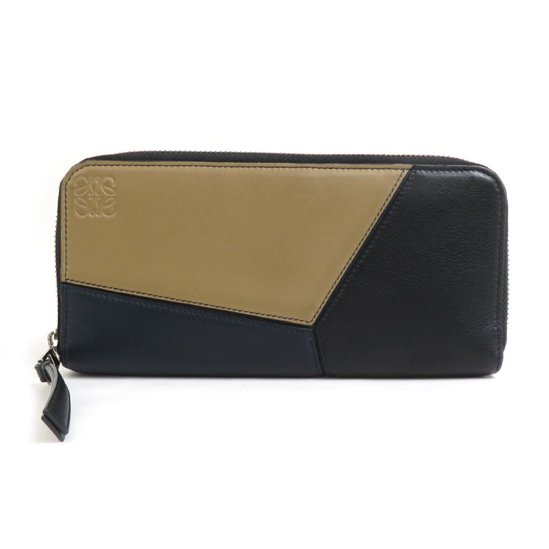 LOEWE Round Long Wallet Puzzle Open Leather Greige Black Navy Silver